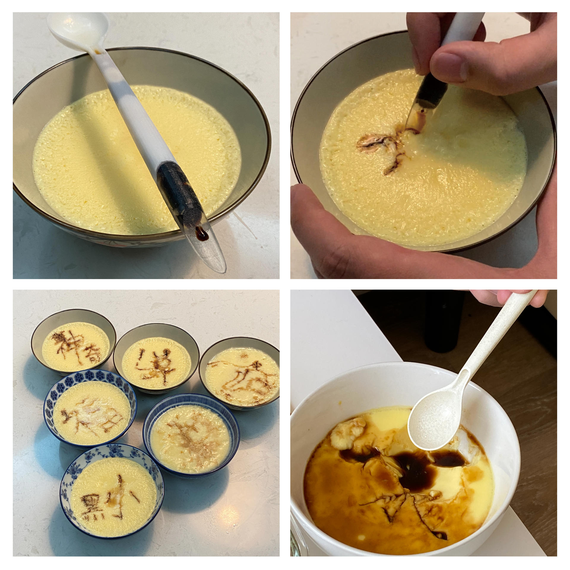 A set of pictures showing how to use a white spoon to eat steam egg