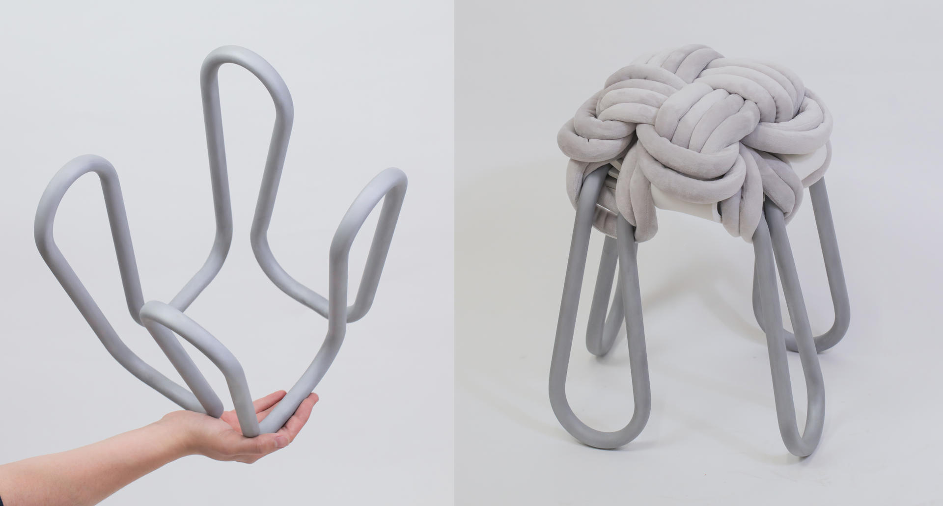 A hand is holding a loop-shaped metal tube stool frame on the left and a grey knot stool on a white background on the right