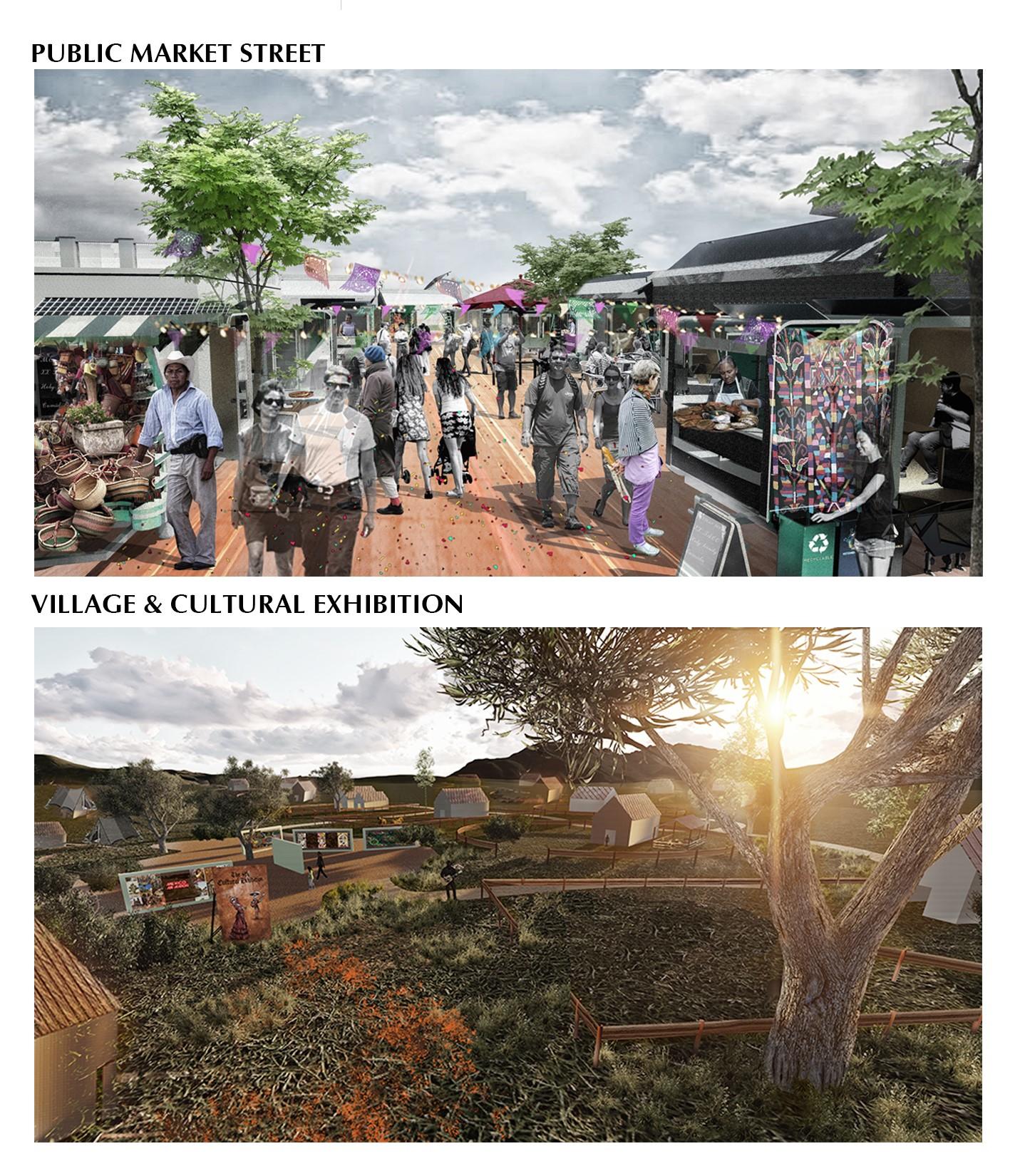 RENDERINGS FOR TEST SITE Showcasing how the public market streets can be used with some flexible infrastructure to meet sales needs (or camping needs), while the cultural atmosphere of the village will be shown through different events held on a regular basis, which will also be an important channel to link them with the locals.