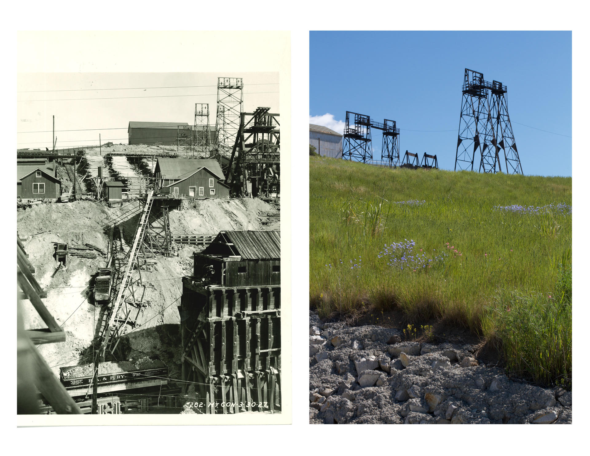 Two photographs taken roughly one century apart depicting the Mountain Con headframe, one site of underground copper mining in Butte. The archival photo on the left, from the Anaconda Copper Mining Company Collection at Butte Silver-Bow Public Archives, shows the workscape where miners loaded copper ore onto BA&P railcars for transport to the smelter. There are various buildings and a large timber reserve. The contemporary DSLR photograph on the right looks up from below at the headframe and the remediated 
