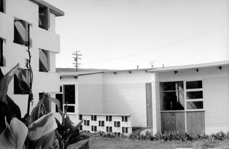 A manicured garden and lawn area adjacent to a housing unit. 