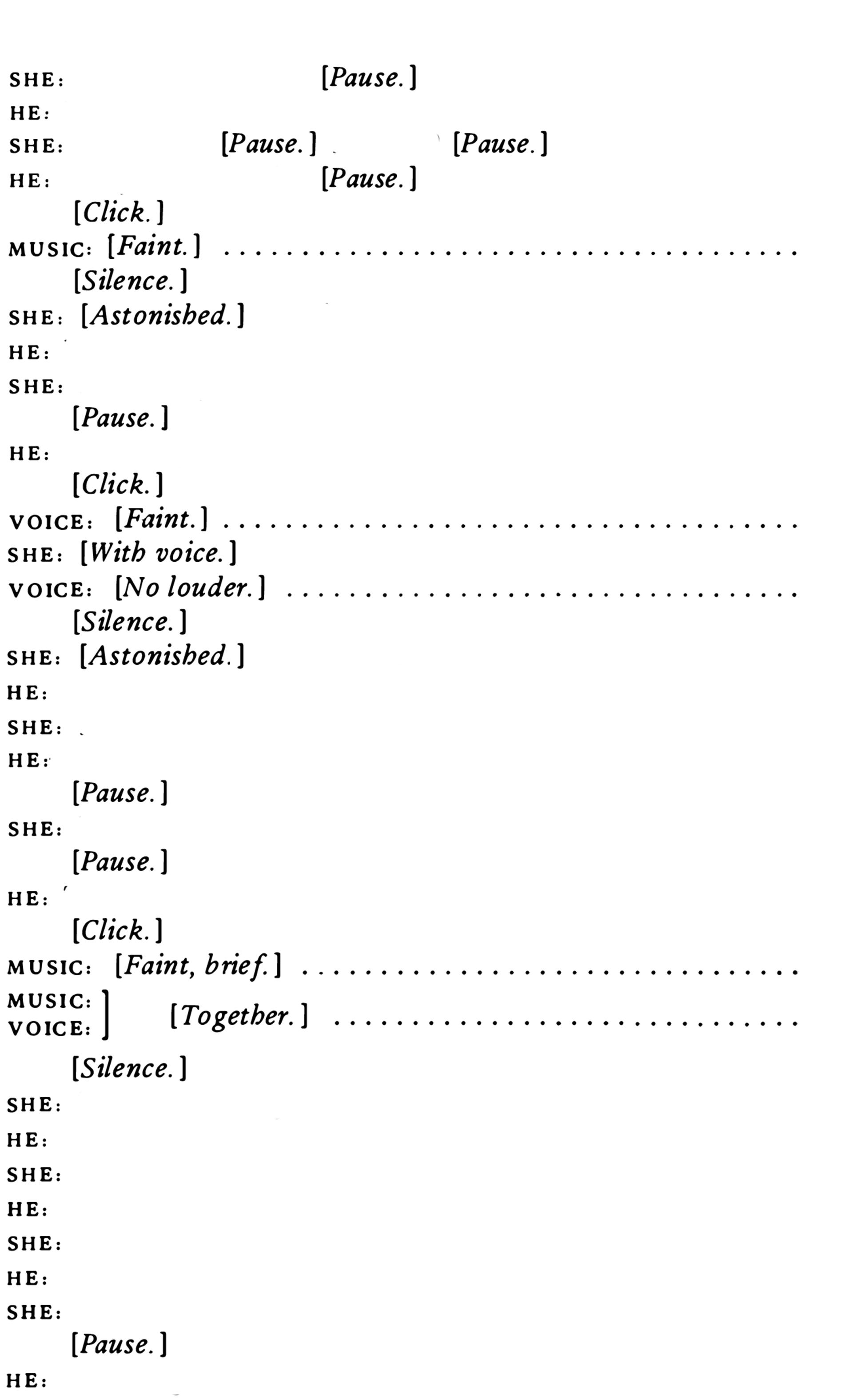 An excerpt of a theatre script that all the spoken lines are omitted.