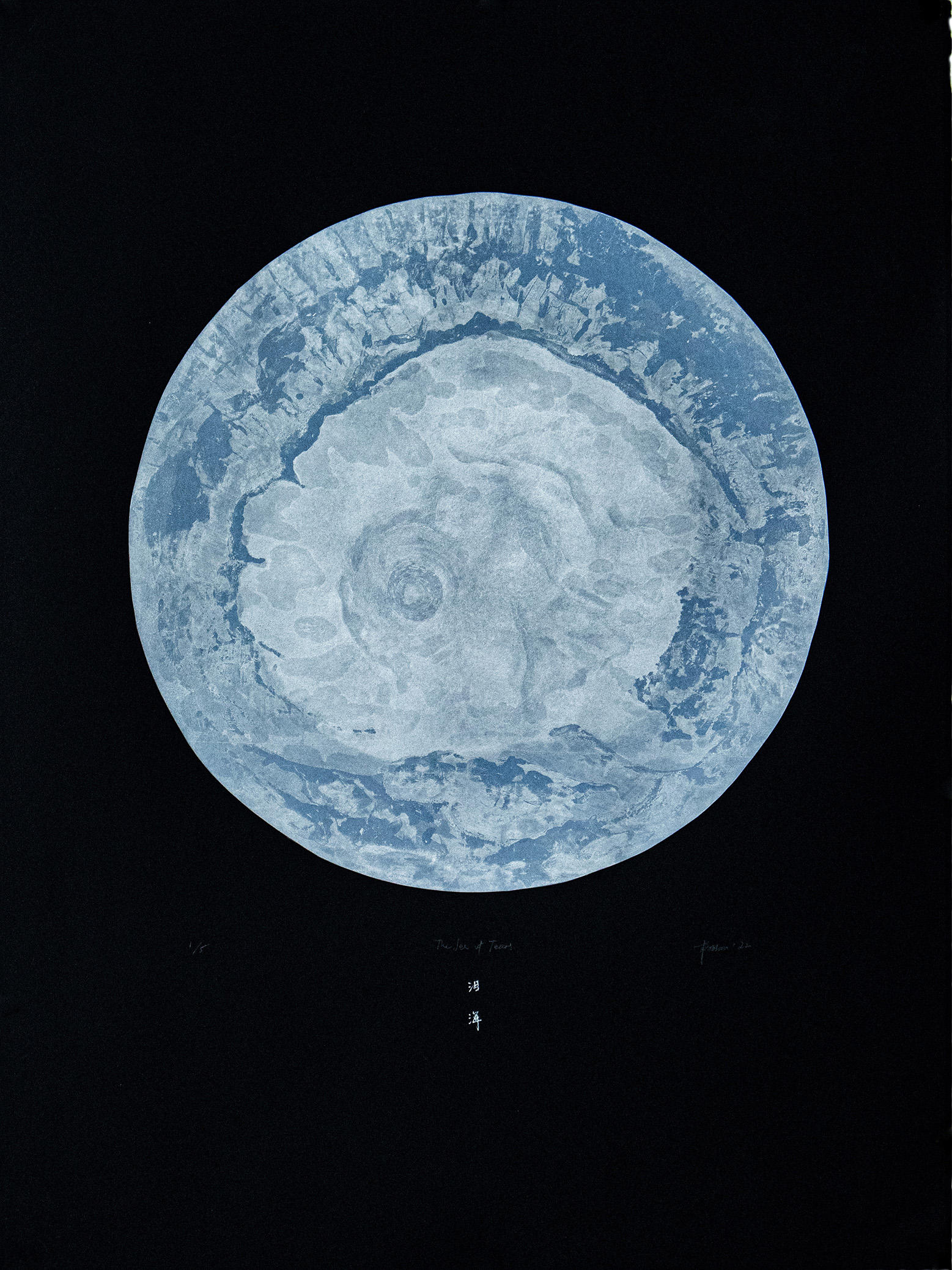 A light blue and silver moon, printed in intaglio on black paper