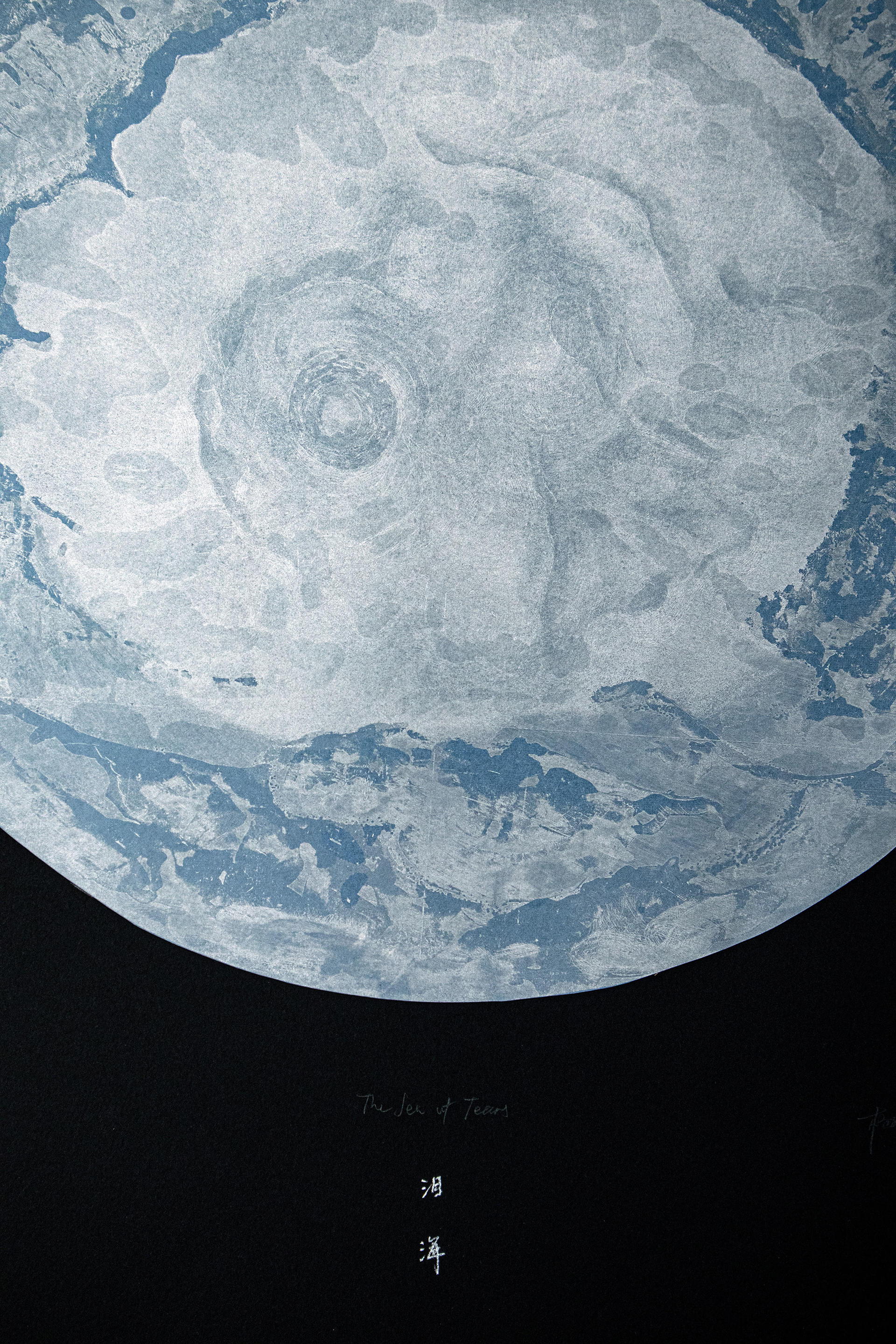 The detail of the light blue moon, you can see the ground structure that looks like a curled up embryo shape.