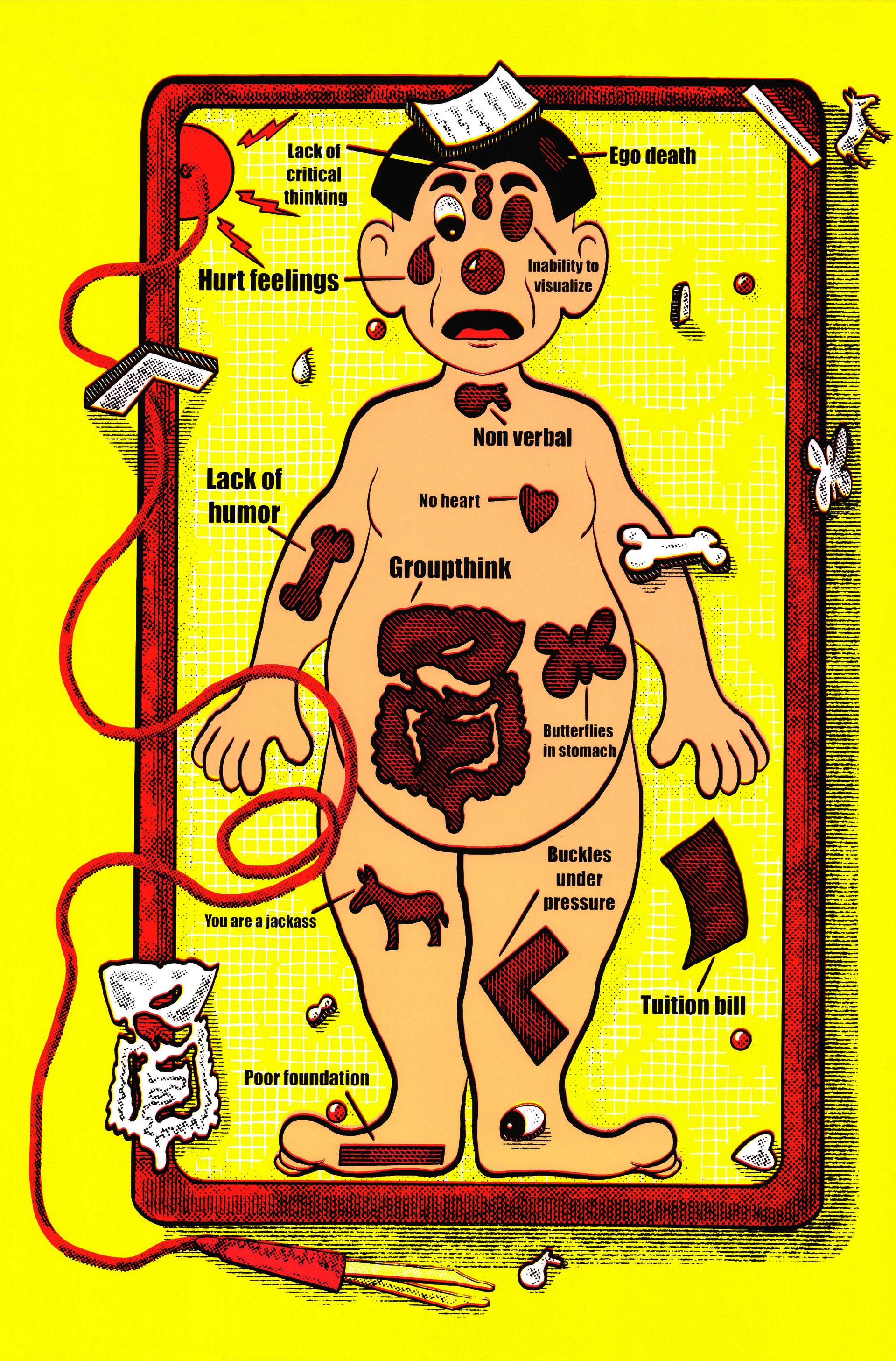 Screenprint with cheeky interpretation of the boardgame Operation.