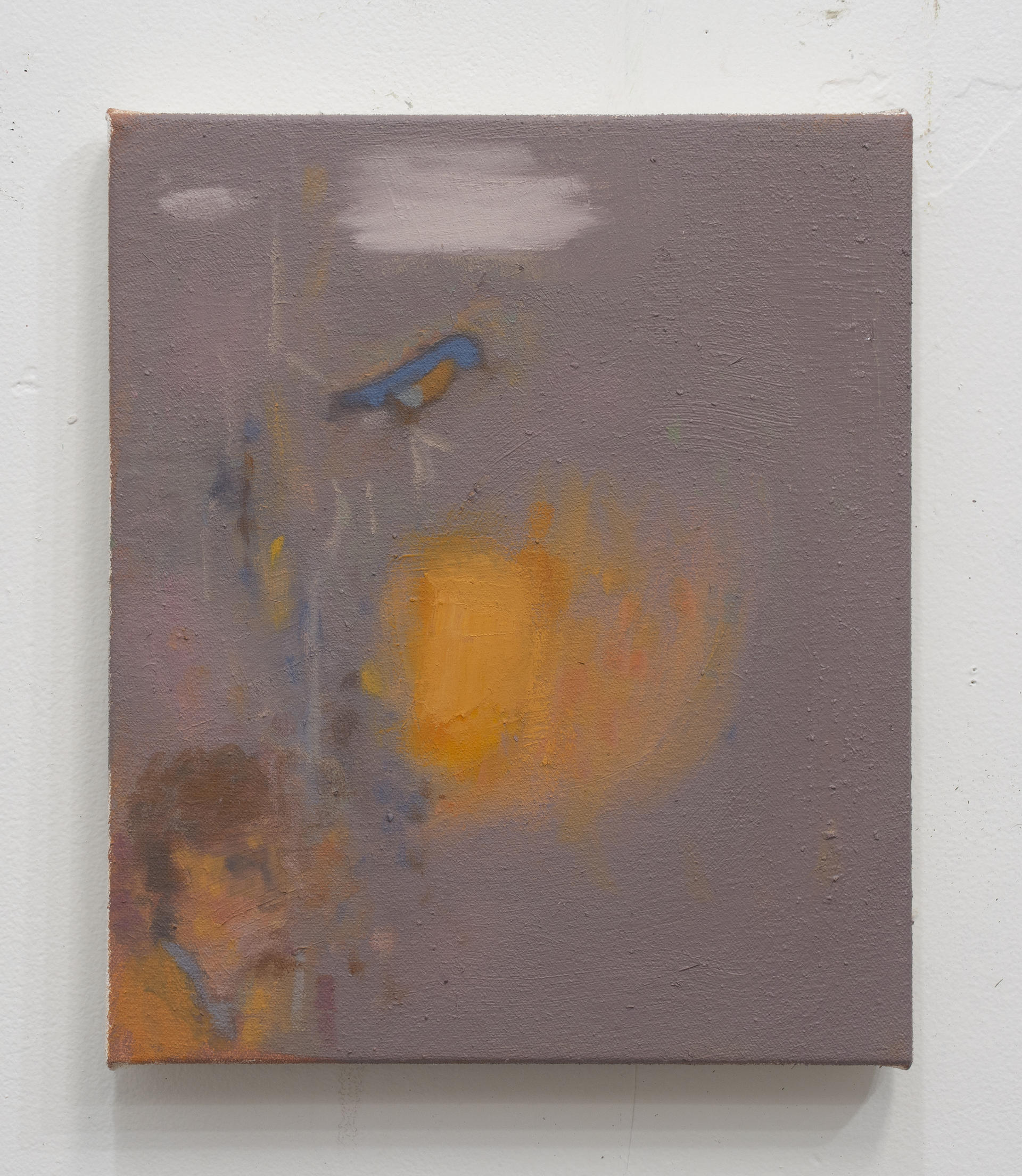 An orange and gray painting with a person and a bluebird