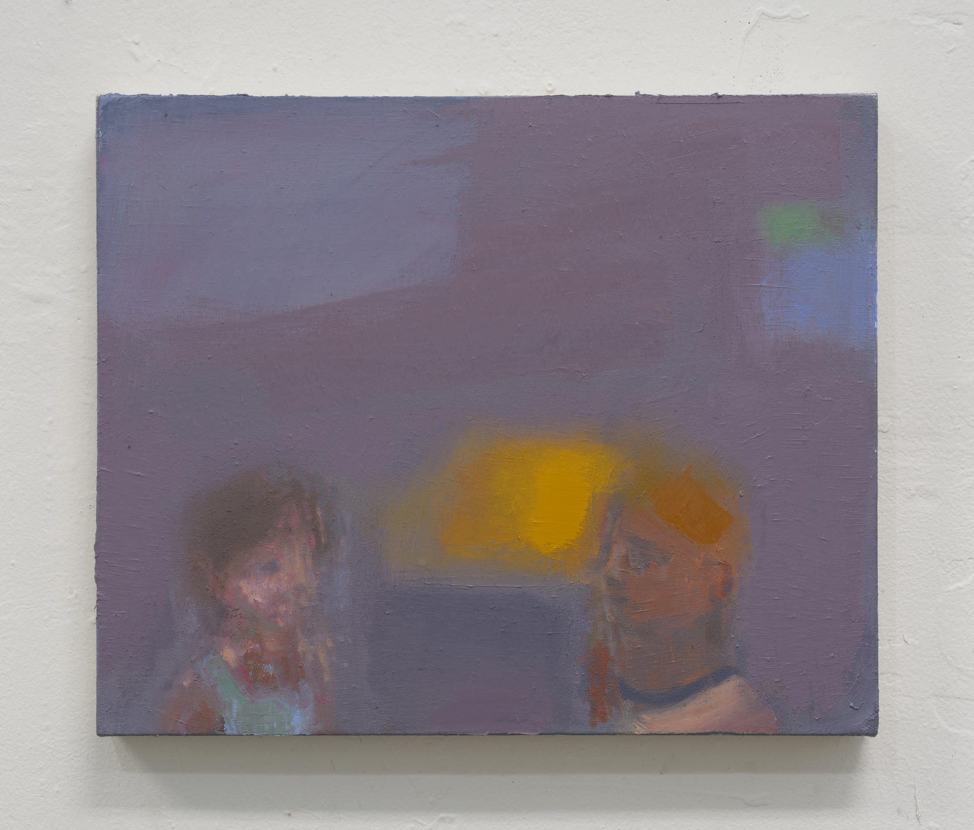A gray-purple painting with two figures speaking to one another