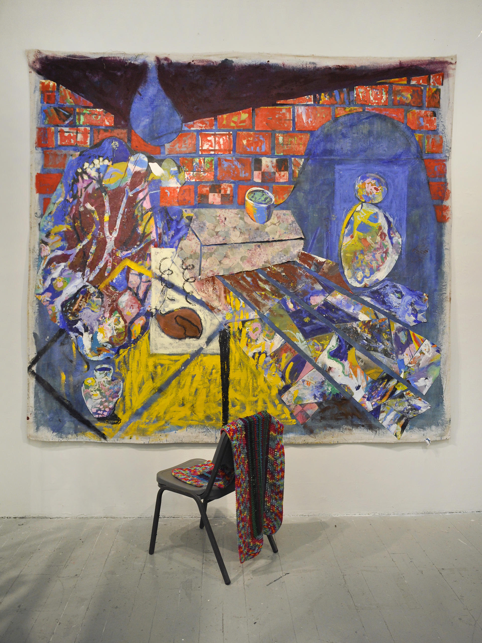 Abstract table with food and figure in doorway.