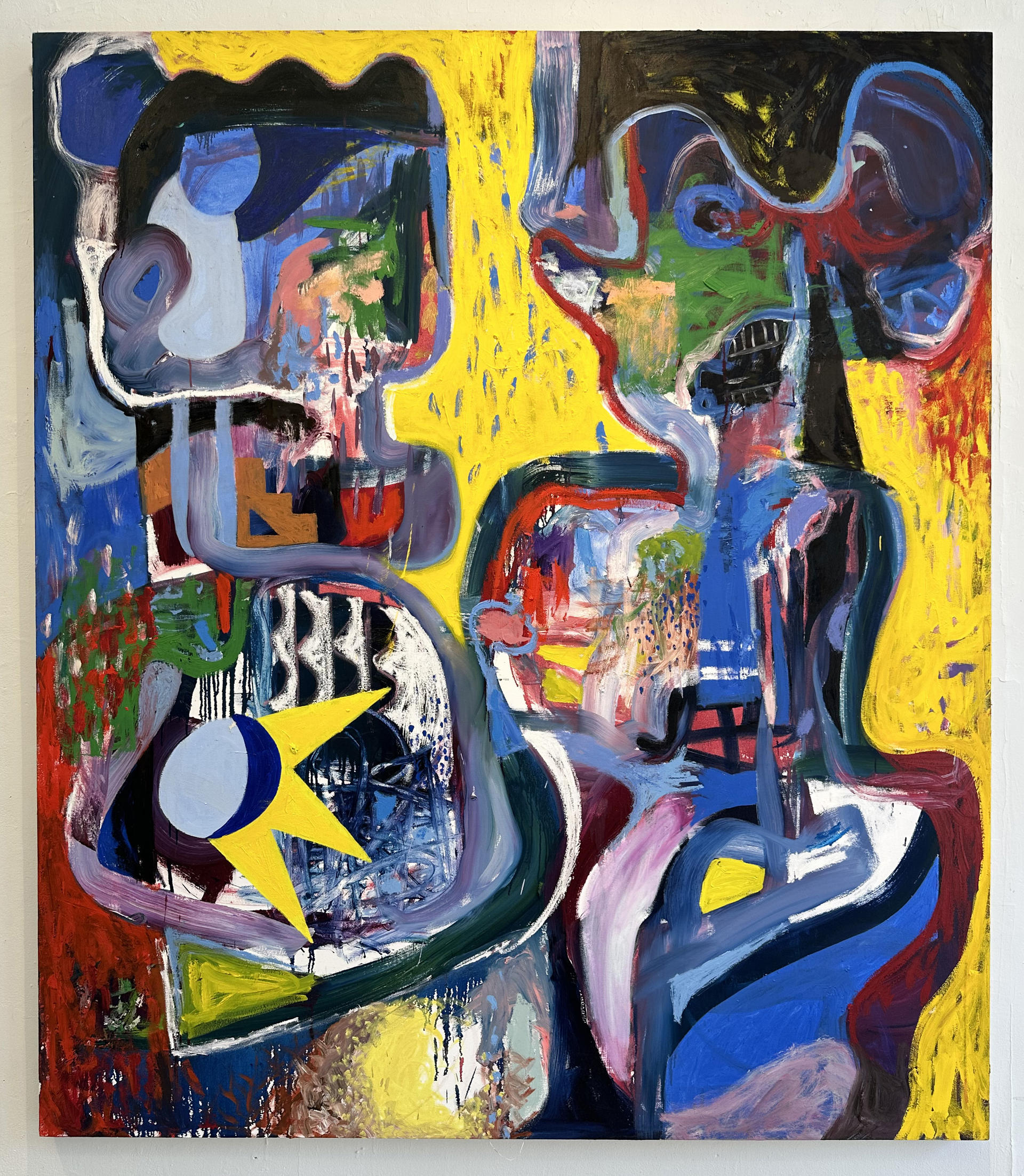 Two abstract figures interacting. 