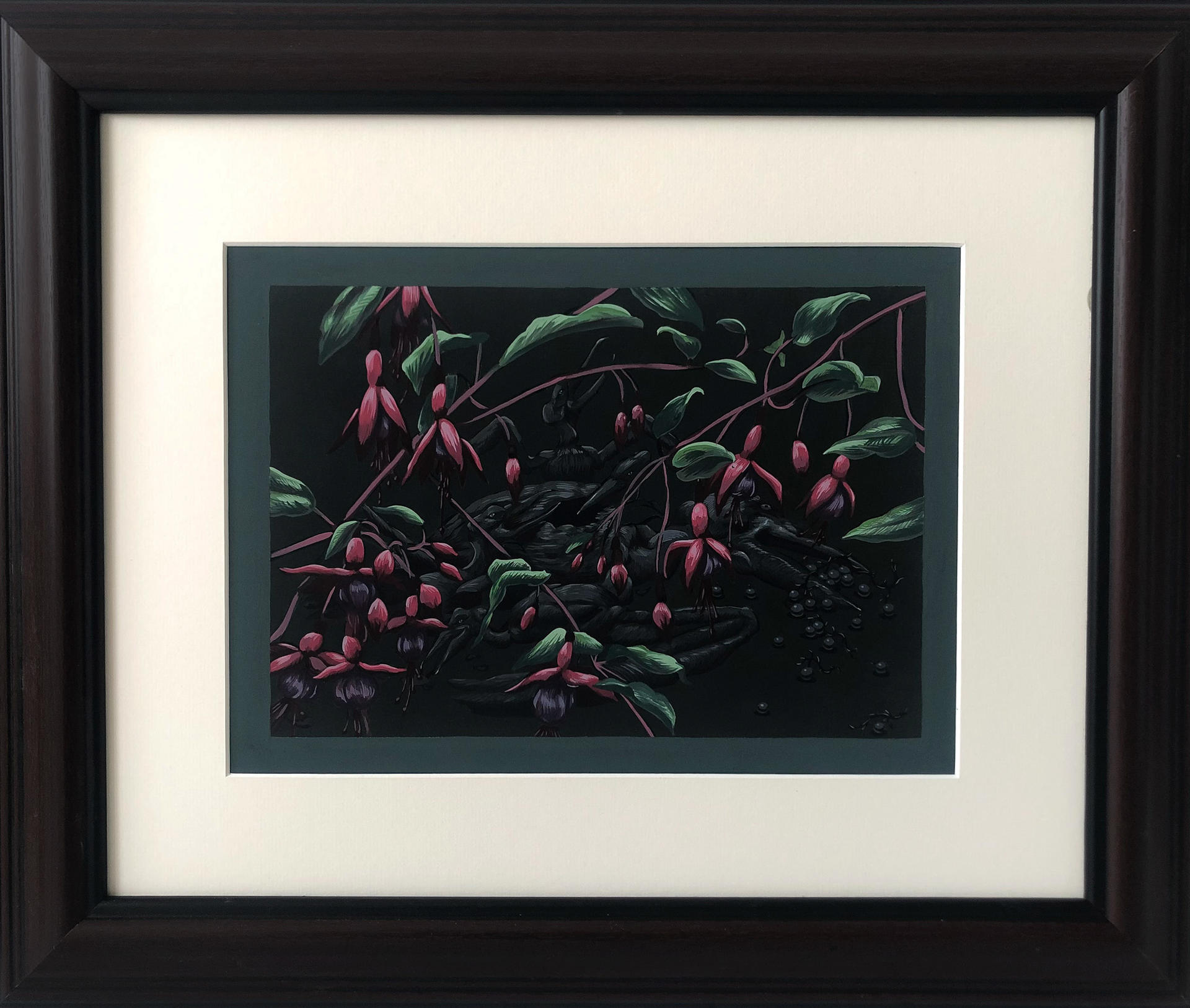 Painting of bright, pink fuchsias intersecting over a dark background and the forms of multiple pelicans.