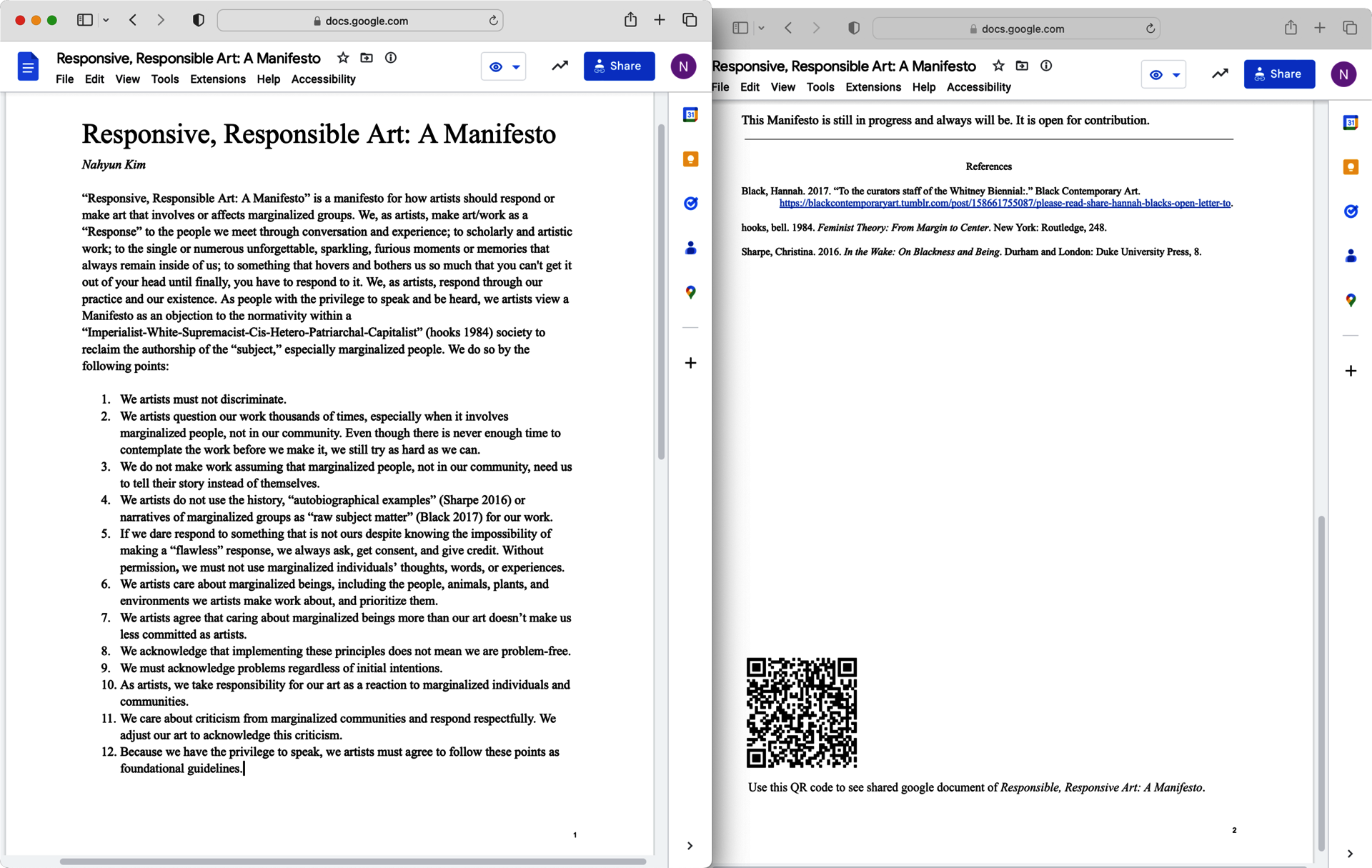 Two pages of “Responsive, Responsible Art: A Manifesto” displayed in a Google Doc. The left page shows a title, introduction paragraph, and a list of guidlines, while the right page presents references and a QR code for reader contributions. All text is black on a white background, except for a link to an article on the reference list.
