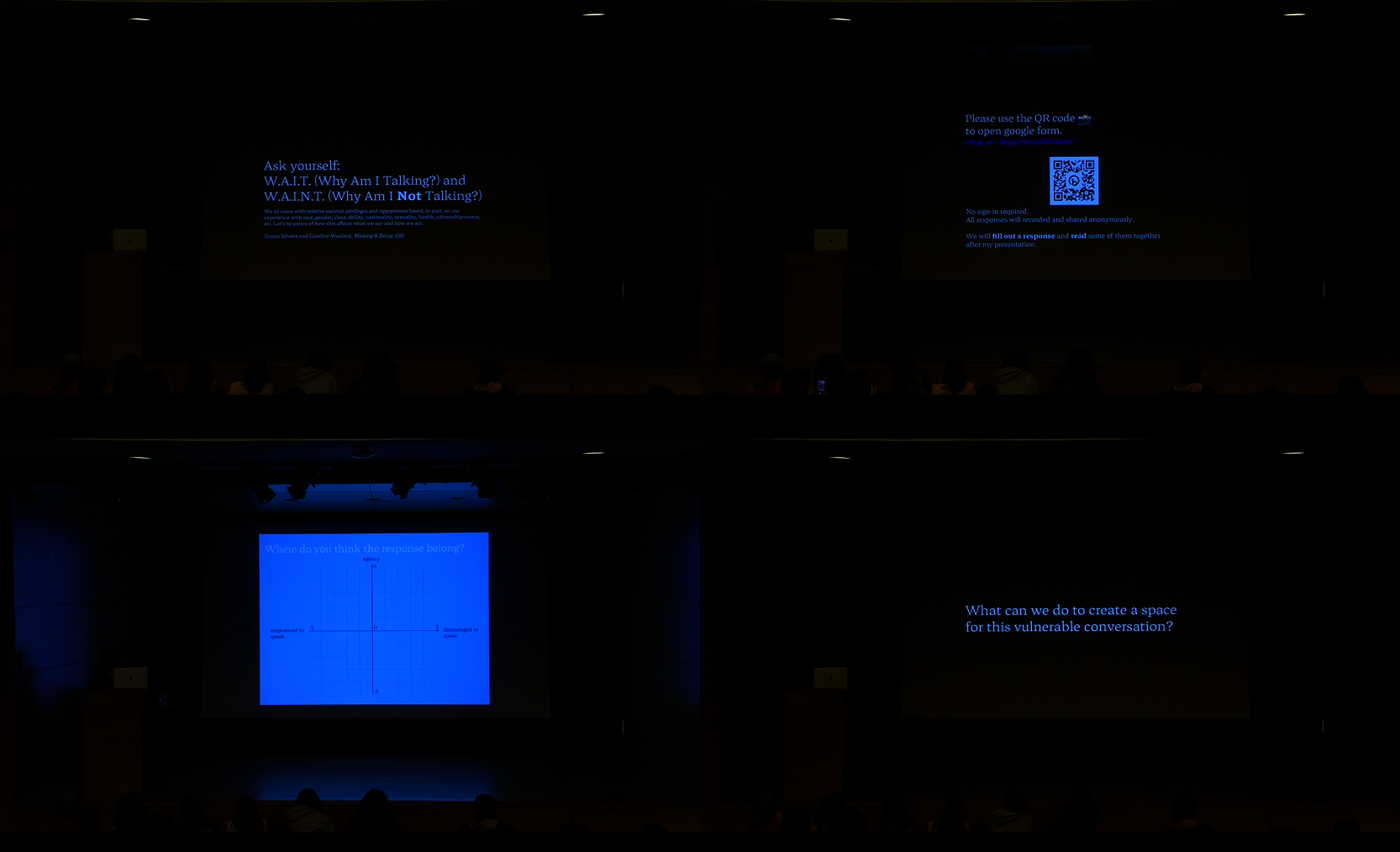 In a dark auditorium, a large screen with projected slides appears in the center, and the artist stands on the leftside, giving her artist talk combined with an improvised version of the W.A.I.T. and W.A.I.N.T. workshop.