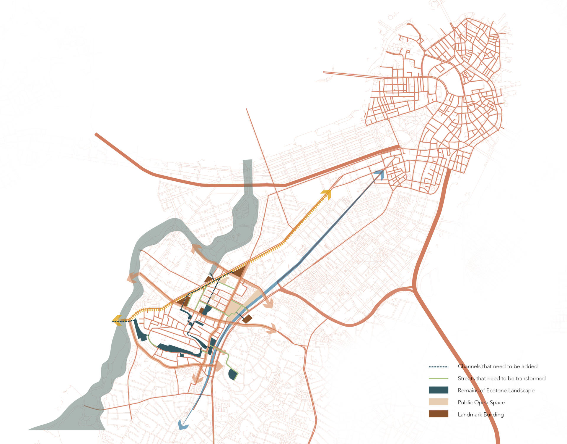 Based on the existing road system and open space of Mission Hill, a reconnection strategy is developed for the public spaces of Mission Hill, forming a new green public space system to stitch all fragmented areas.