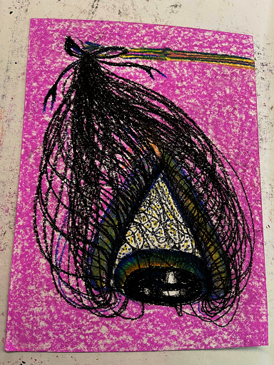 An oil pastel drawing of a large eye with super long eyelashes, hanging from a stick by the ends of the lashes tied to the stick in a bow. The background is colored with textured pink oil pastel with the white of the page showing through.