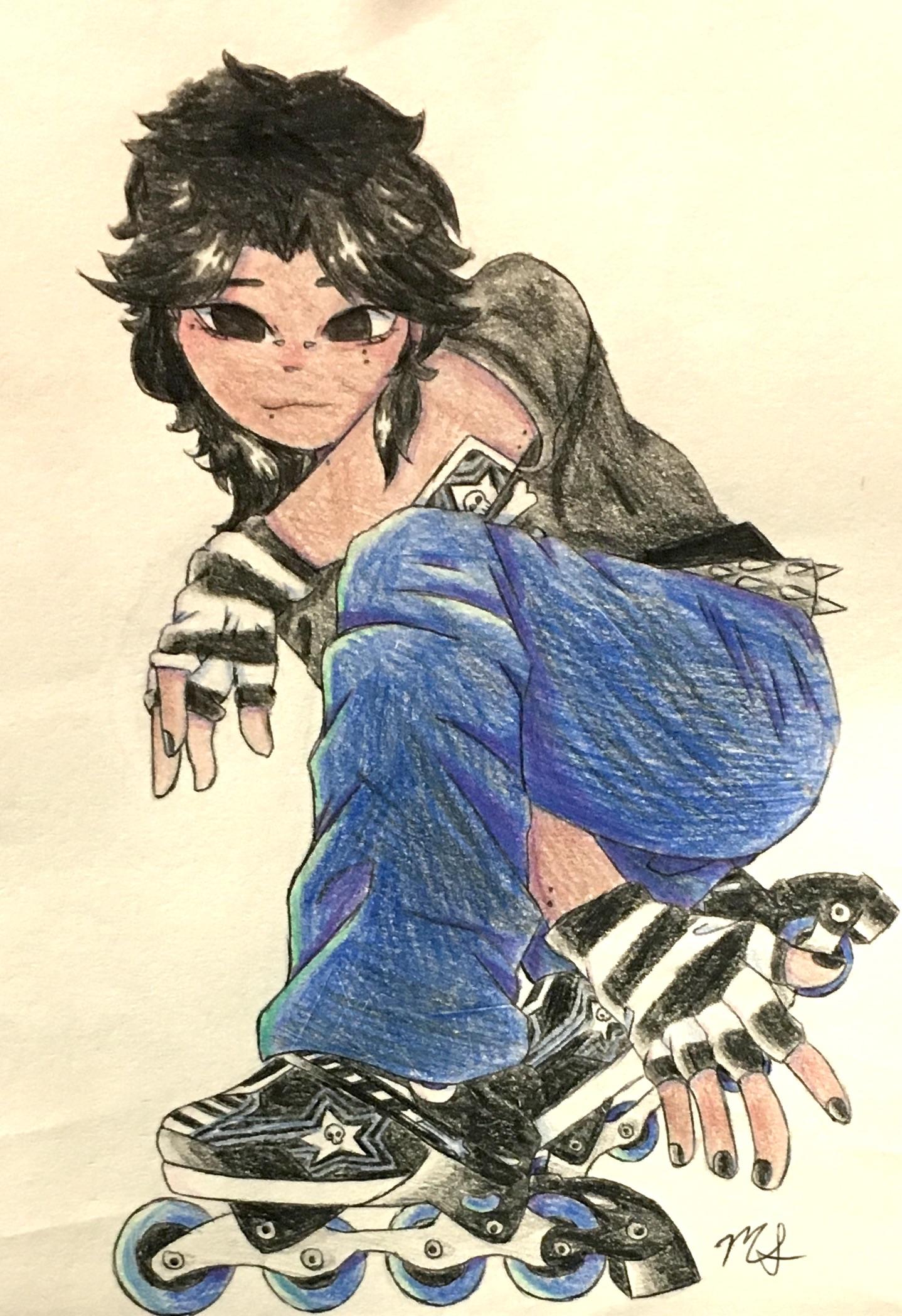A colored pencil drawing of a rollerblader wearing black and blue with striped fingerless gloves, a metal spiked belt, and star and skull logos on their rollerblades and shirt. The rollerblader is low to the ground with one elbow on their knee and the other arm sticking out diagonally through their legs.