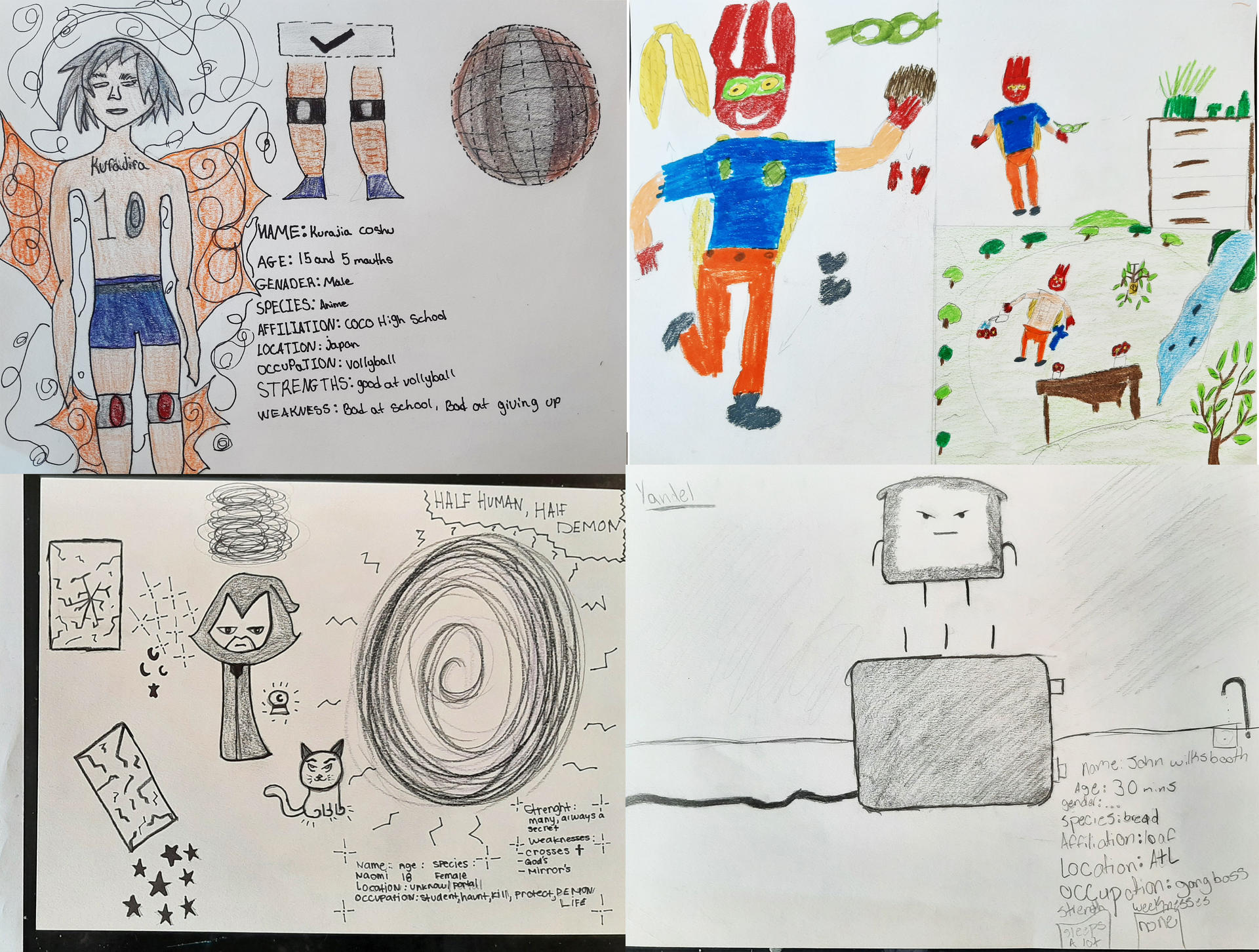 High school students created their own character designs, and created character profiles to put next to their character drawings as well. This lesson was also many student's introduction into anatomy drawing, so while the drawing process became challenging, it was a joy to see them be proud of their own finished art pieces.
