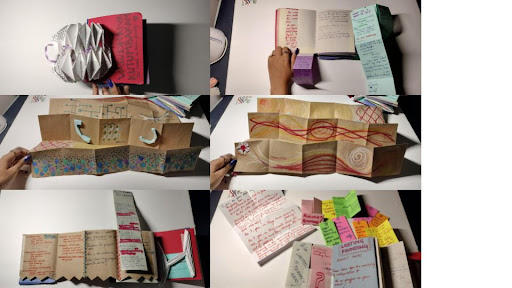 Thesis research notes in an accordion book.