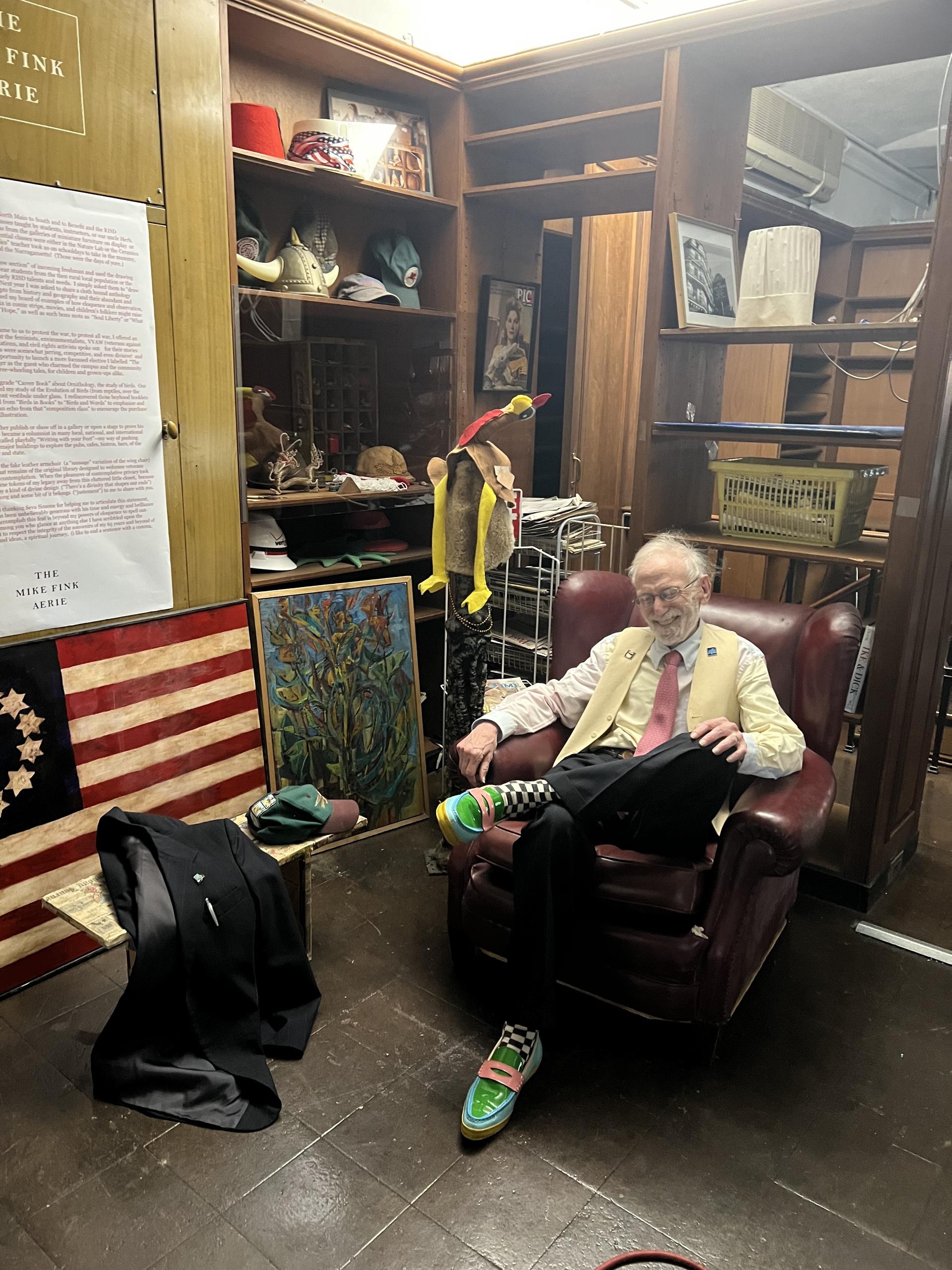 Mike Fink (pictured) gleefully enjoying the space we put together (The Mike Fink Aerie). A nod to one of Mike’s earlier projects during his 60 year tenure at RISD, which was a public library in the Old Library at RISD.