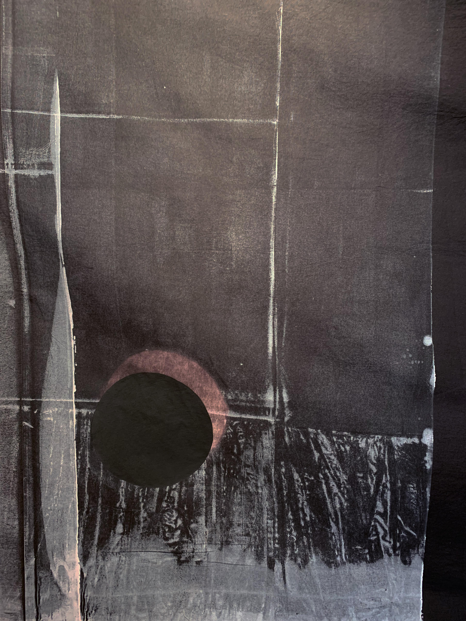 a black fabric printed with seams, curtains, and an eclipse
