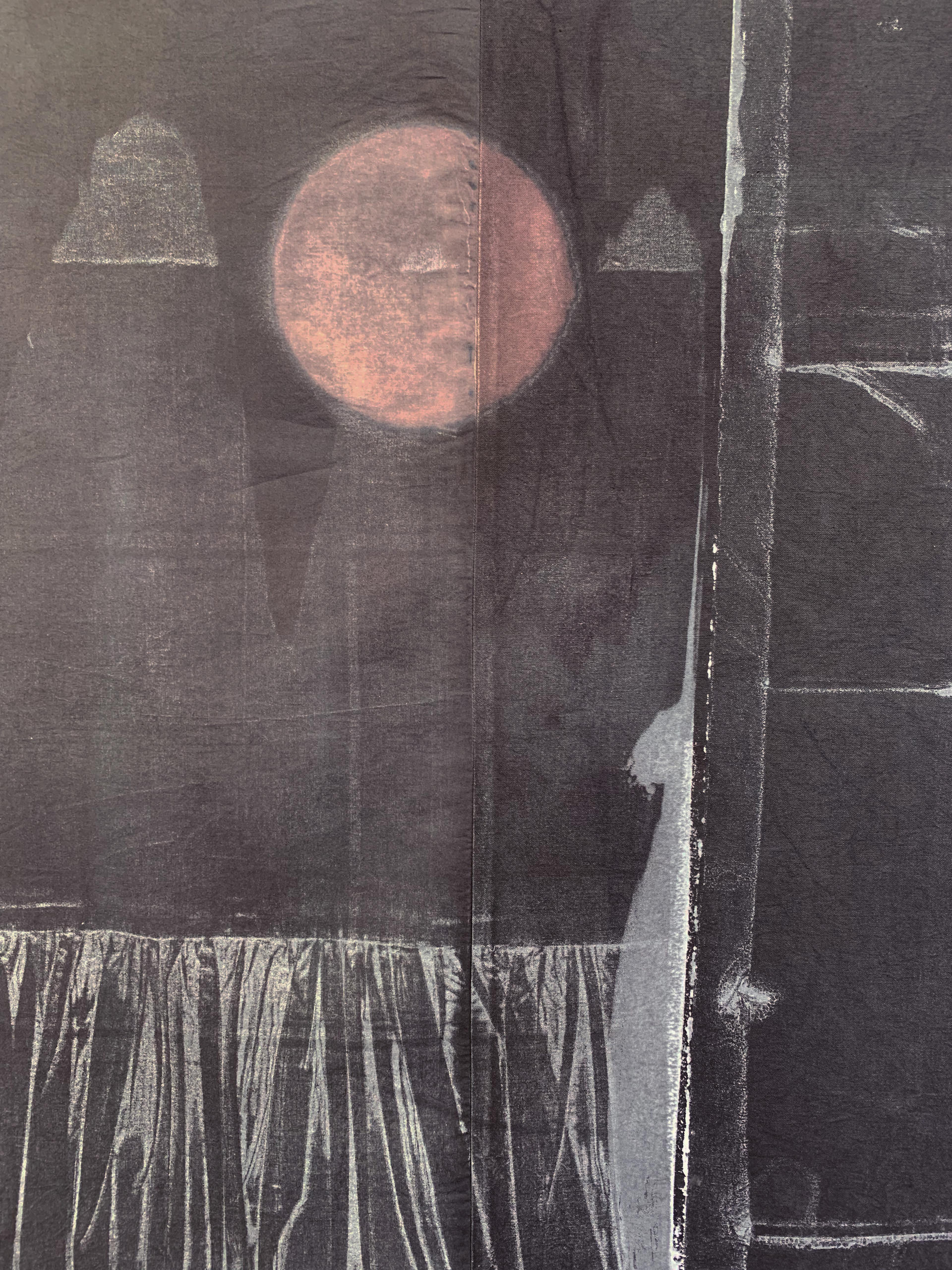 a black fabric printed with seams, curtains, and eclipses