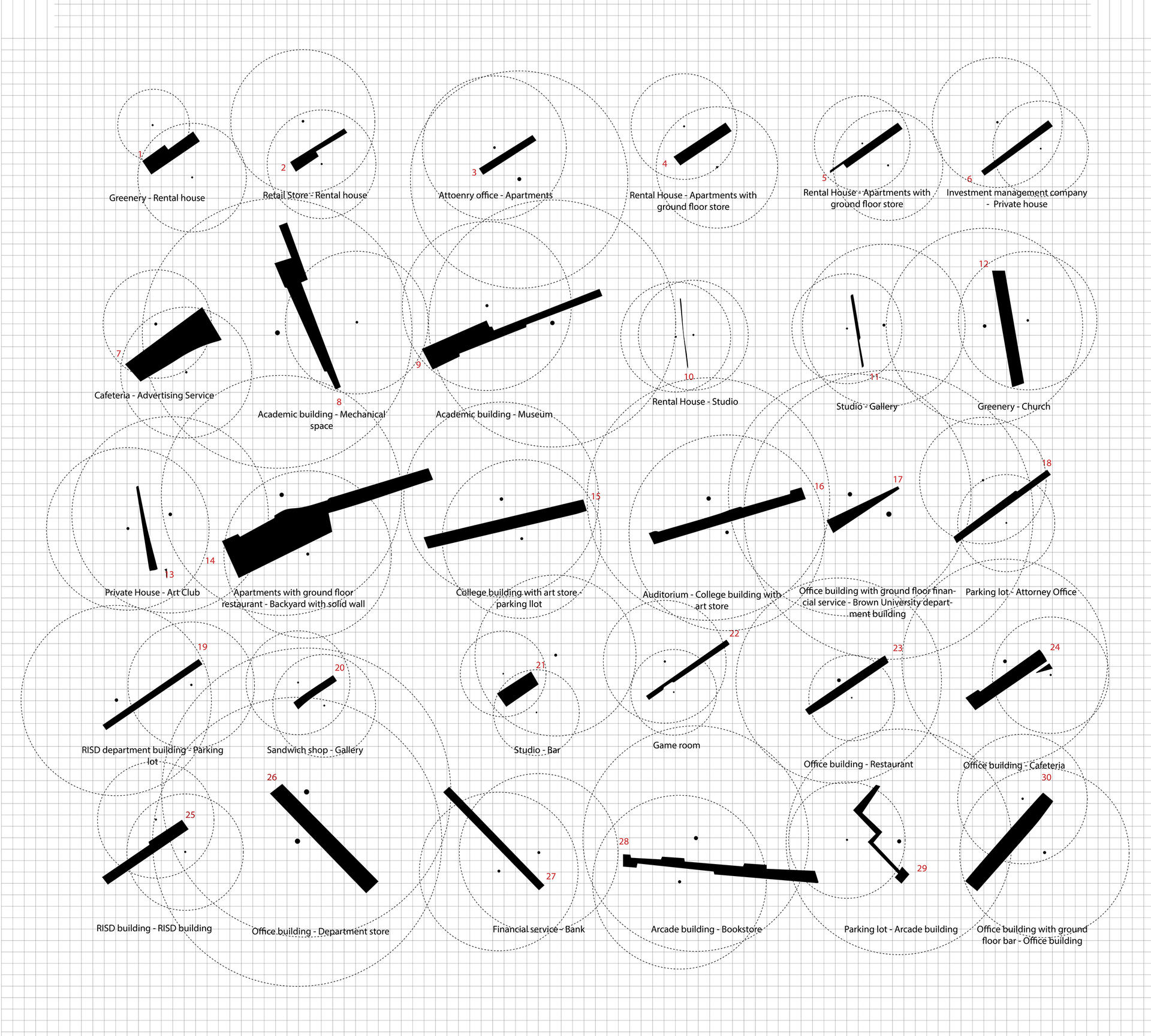 Exploded axonometric drawing of diagrammatic plans.