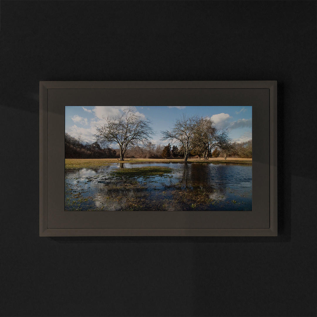 A landscape photograph framed and mounted on the wall.