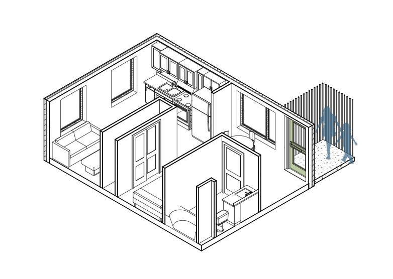 Typical unit axon displaying how an individual would access private space through their own personalized front door. 