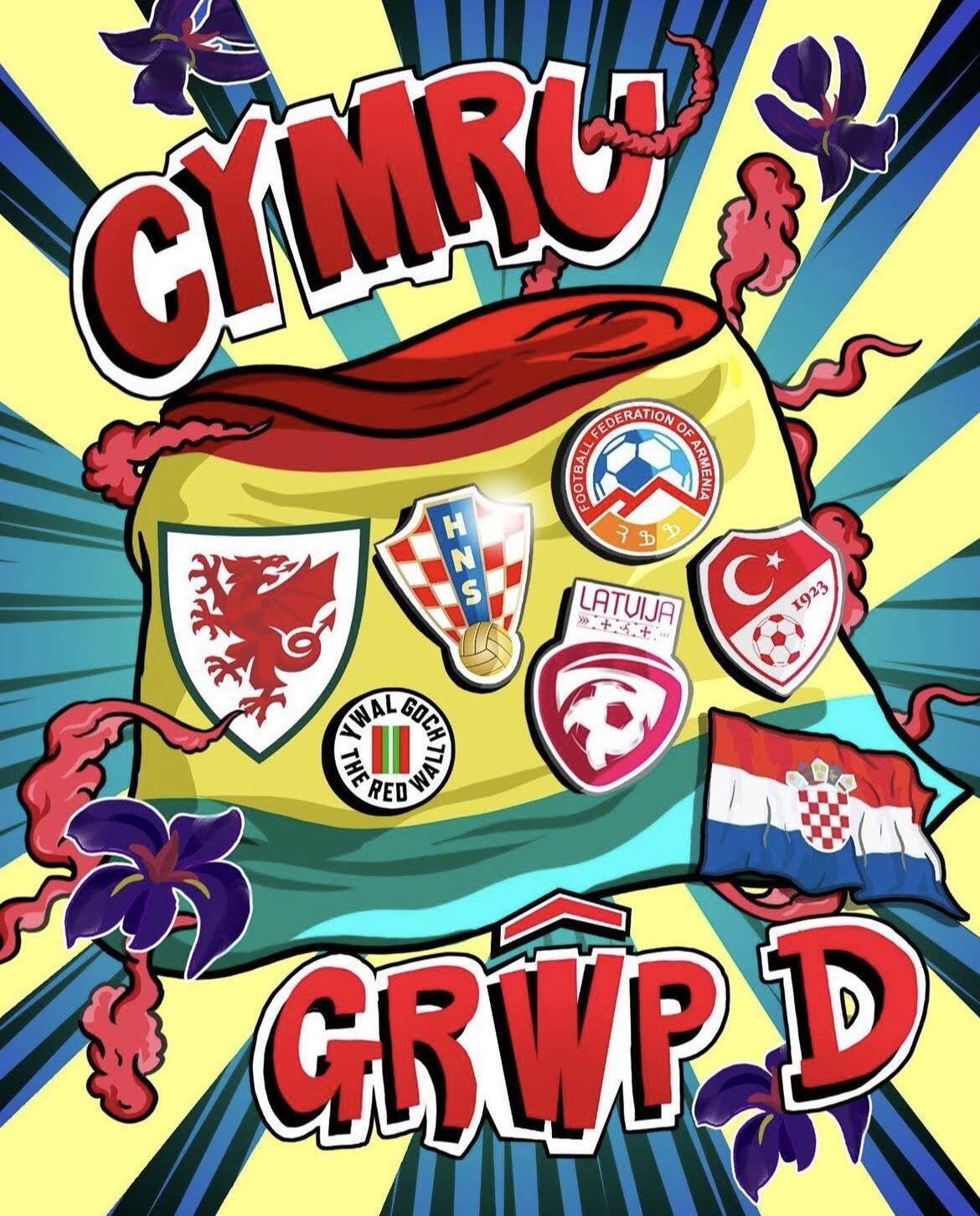Art of a bucket hat surrounded by daffodils with different country's national football team logos and the words "Wales Group D" in Welsh.