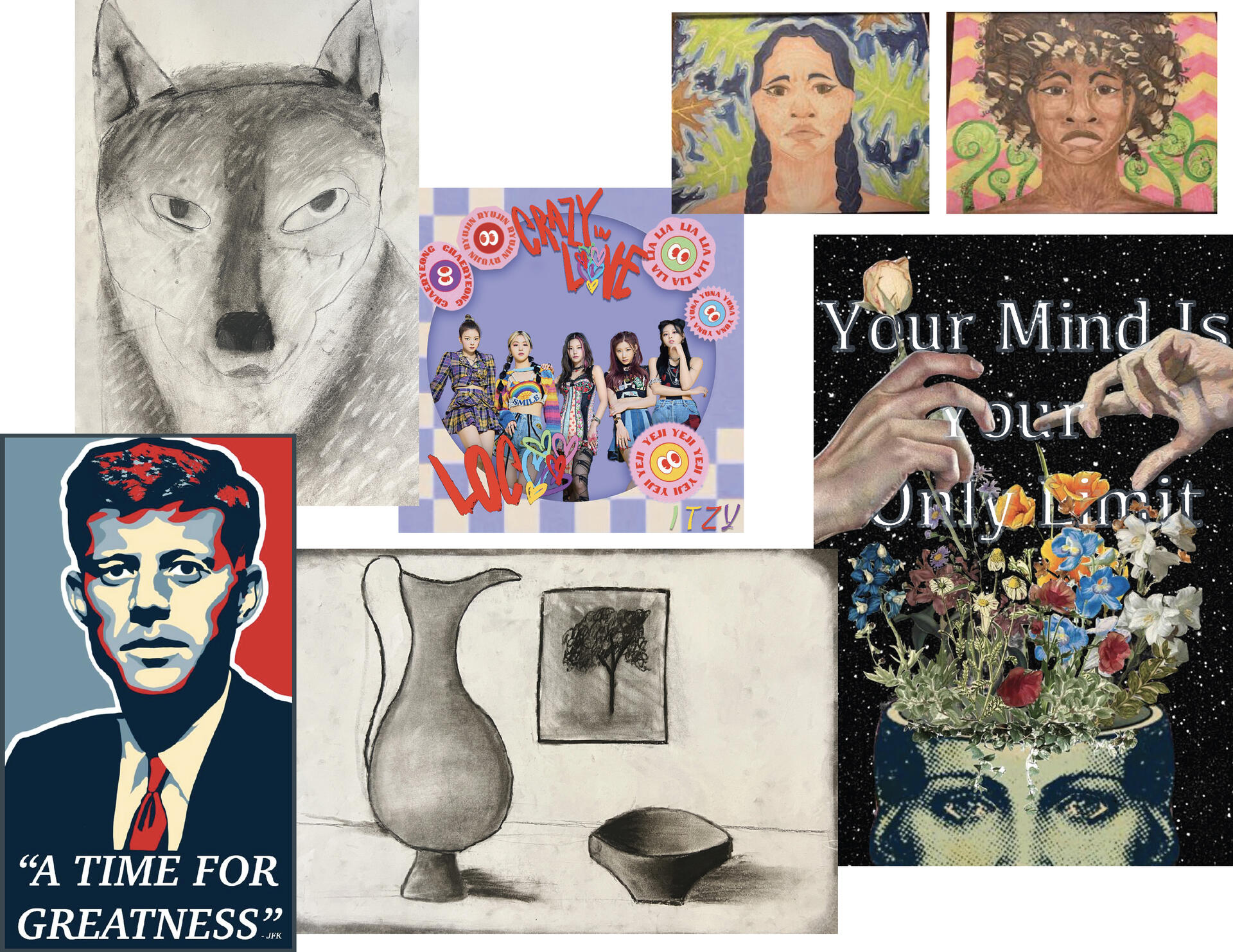Selected works by high school students. Works range from digital posters to still life drawings to album covers. Students of all skill levels are represented. 