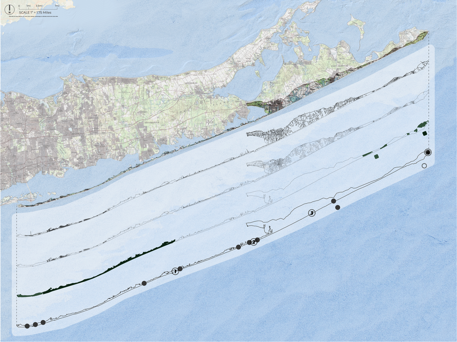 Digital map showing land use and urbanization information for the coast between Fire Island and Montauk Point like parkland locations, roads, building footprints, large public access points, and stabilization structures.