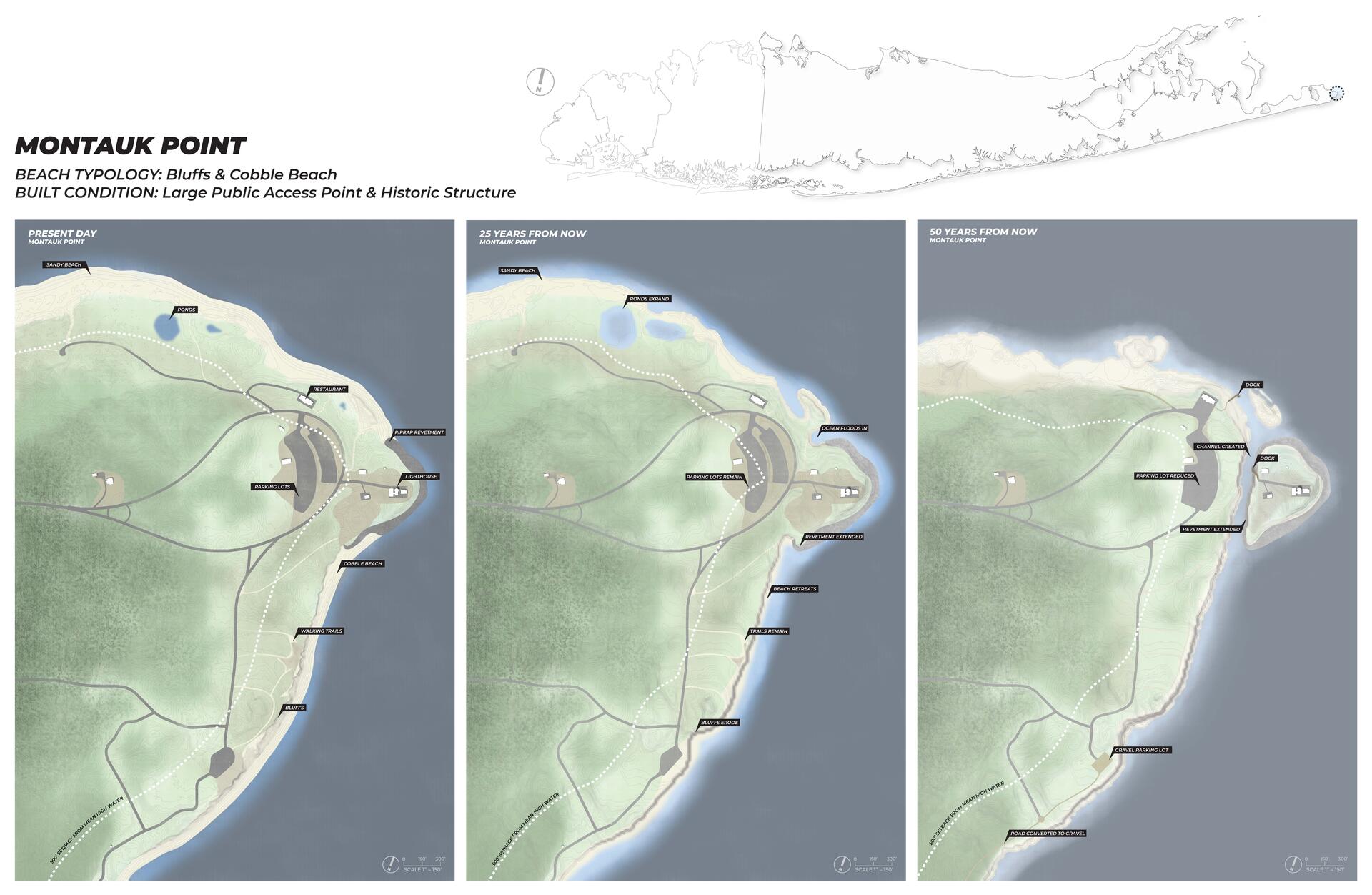 Plan drawings showing present day conditions and a speculative future of Montauk Point at 25 and 50 years from now. Linework plan showing location of Montauk Point. Textual information about coastal typology.