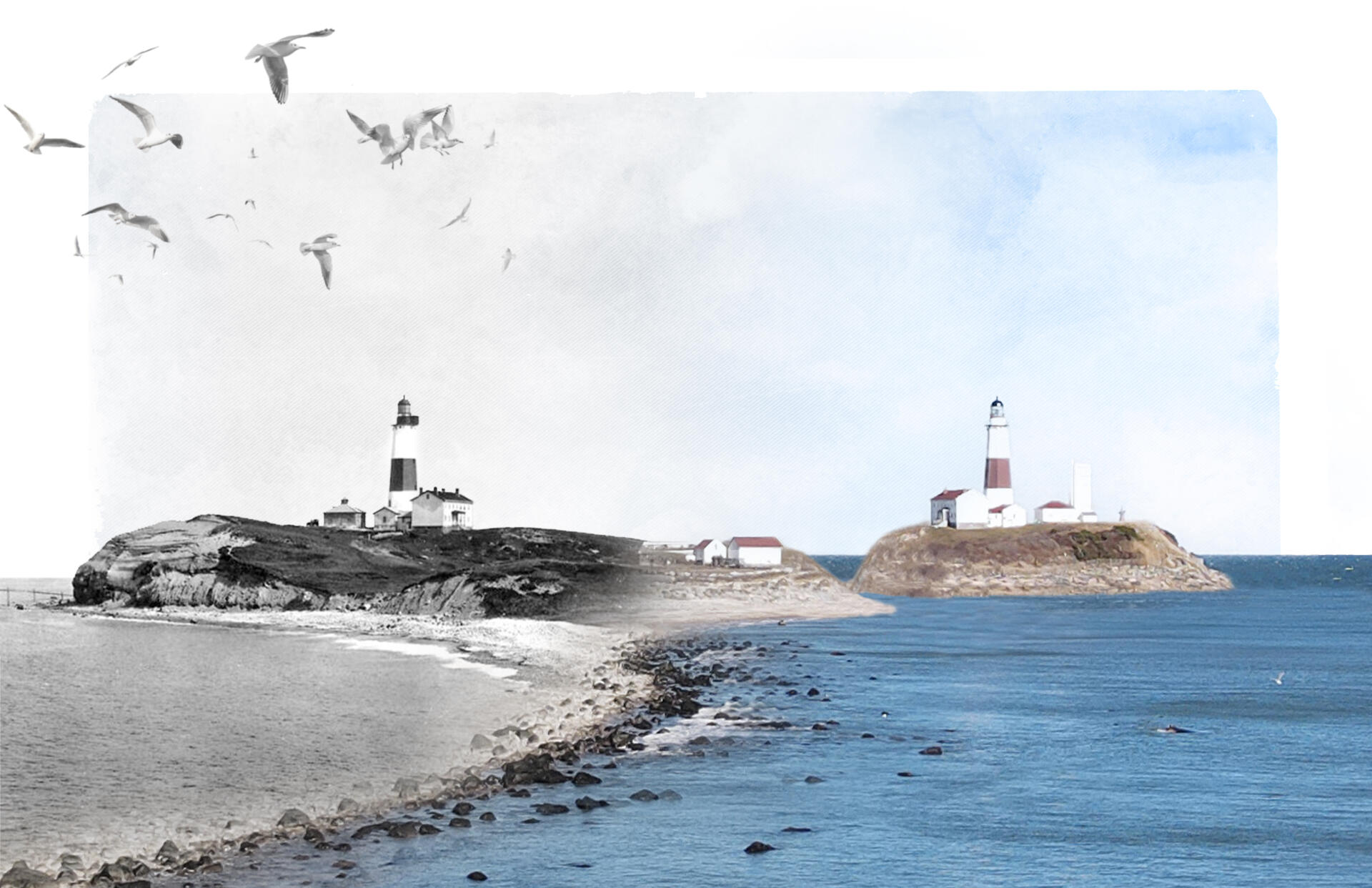 Digital collage of Montauk Point transitioning from bluffs to stabilized island.