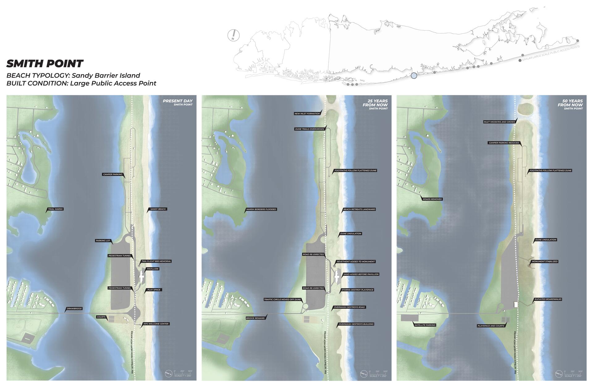 Plan drawings showing present day conditions and a speculative future of Smith Point at 25 and 50 years from now. Linework plan showing location of Smith Point. Textual information about coastal typology.