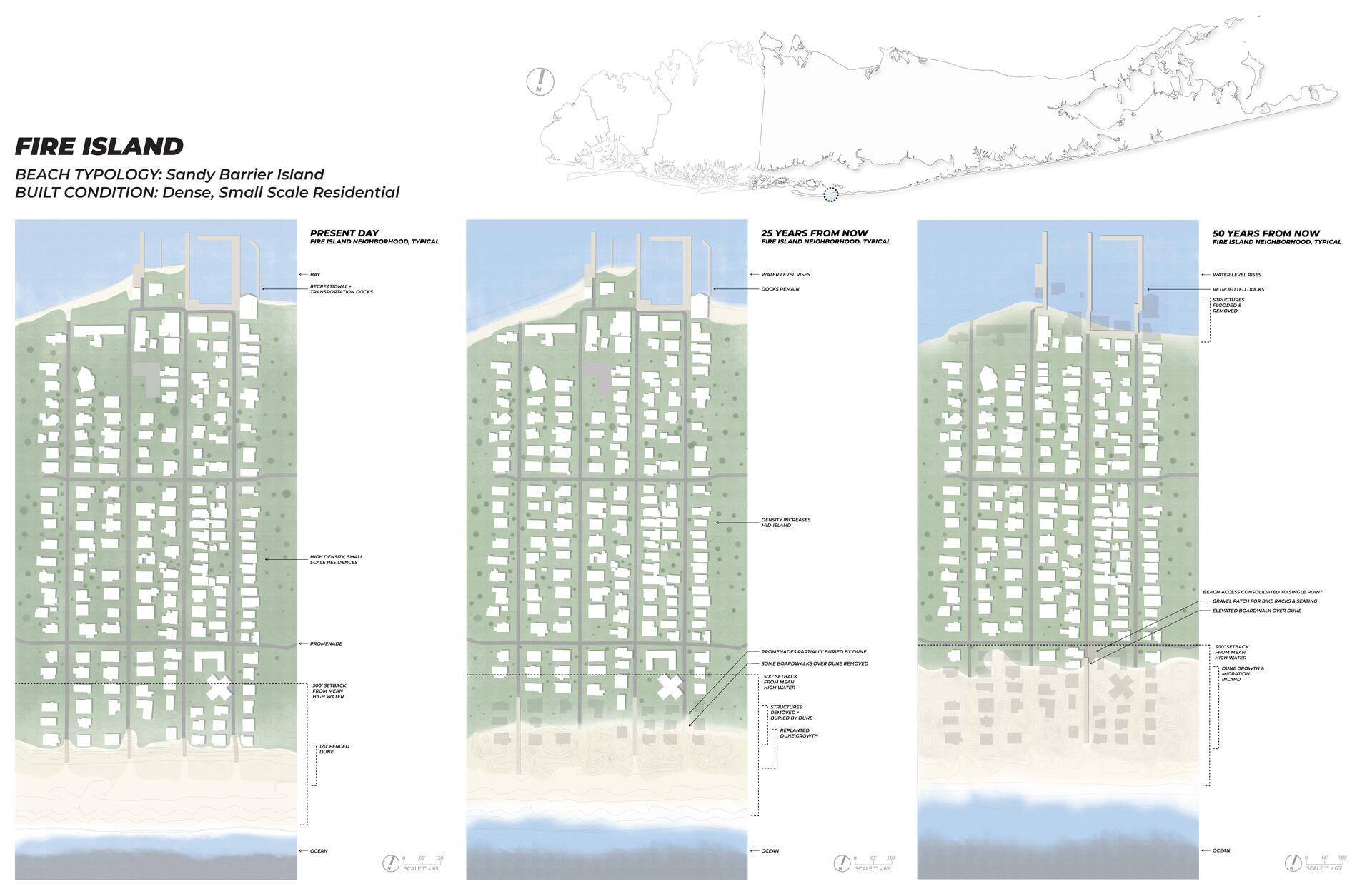 Plan drawings showing present day conditions and a speculative future of Smith Point at 25 and 50 years from now. Linework plan showing location of Smith Point. Textual information about coastal typology.