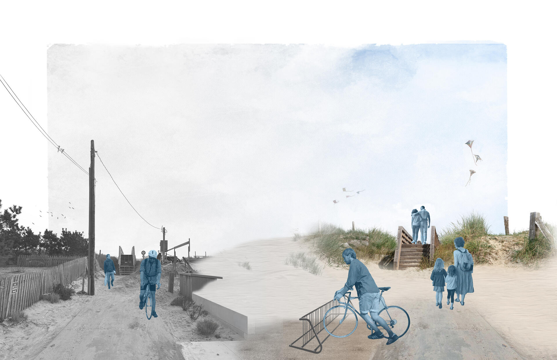 Digital collage visualizing a transition from the existing experience of beach access at Fire Island to a new future experience.