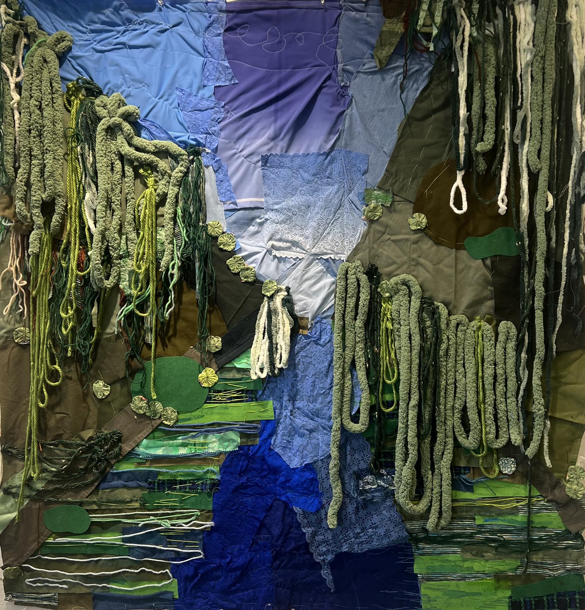 Swamp Textile landscapes of found blue and green fabric and Yarn