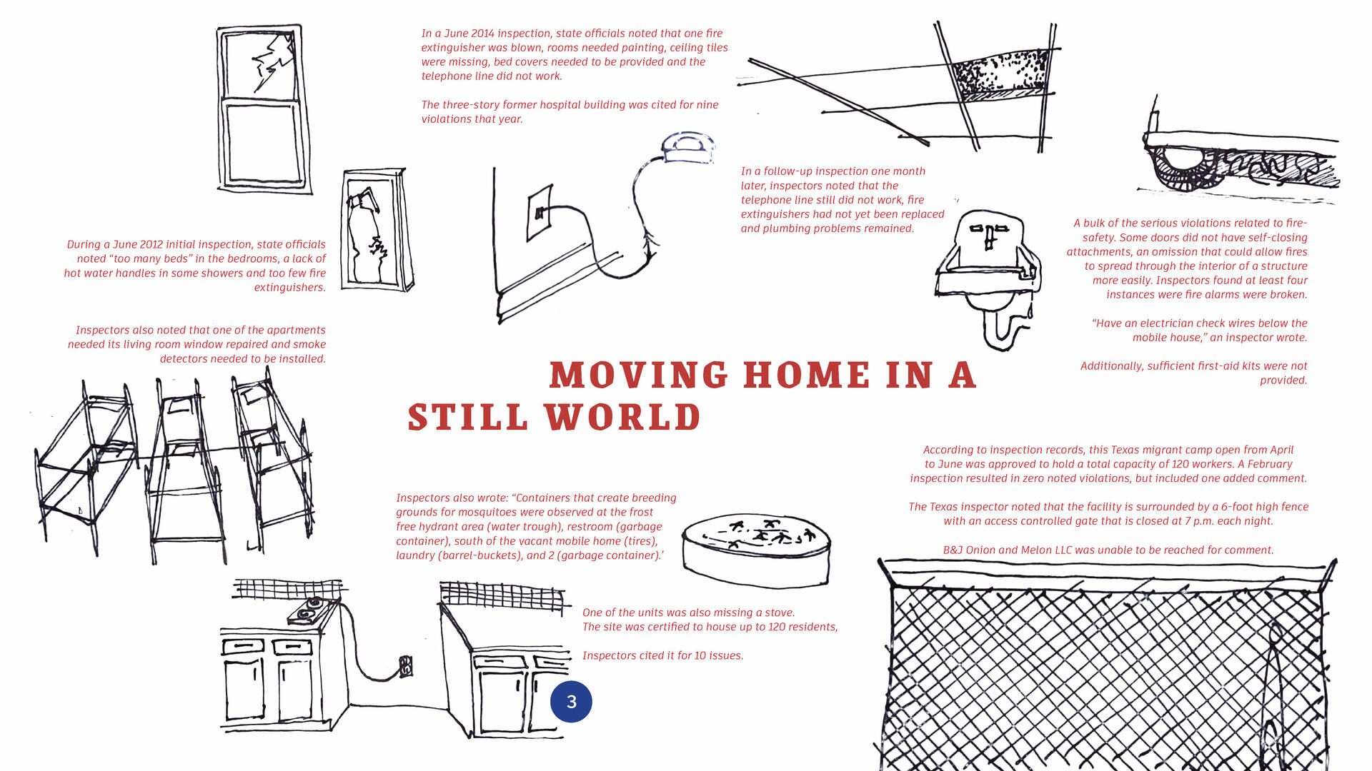This page was intended to visualize the suffering that the people and the spaces involved in this hardship go through. We ask a lot of them, we give them nothing. By simplifying the abstract concept of an inspection catalogue to a first-person blurry home visit, we feel the pain as if we live there, as if we know the people who do.