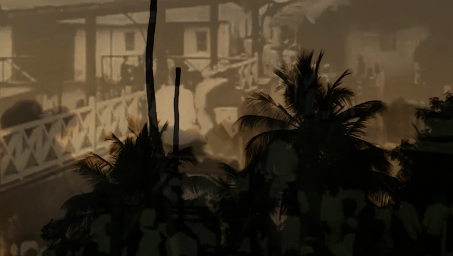 Screenshot from Ndota Cha Ndani installation. Sillhouette of palm trees during sunset with faint imagery fading in the background