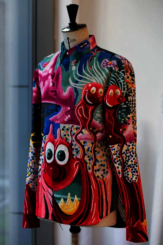 Custom-tailored Shirt Accented with Kenny Scharf's Pop Graffiti Art and Suzhou Embroidery