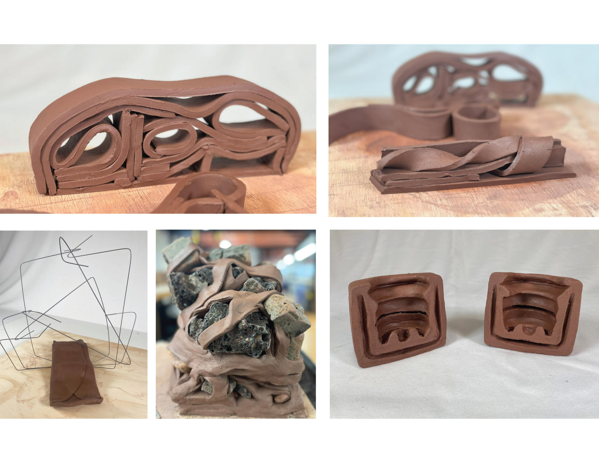 Images shows a series of clay models in which raw terracotta is folded, twisted, and carved in order to produce forms that vary in density, porosity, and curvature.
