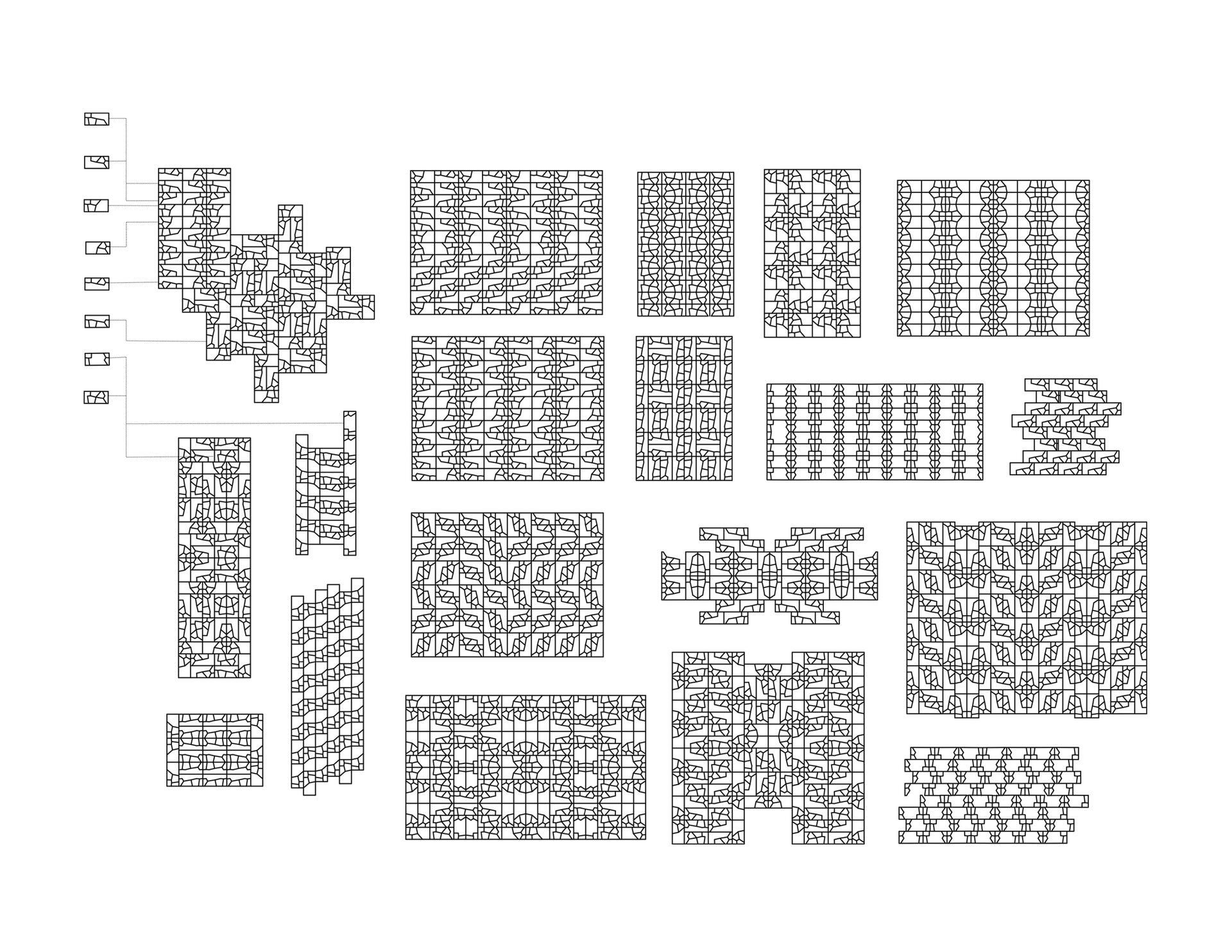 Image is a diagram of various modular possibilities, including a key pointing to the eight brick modules within the forms.