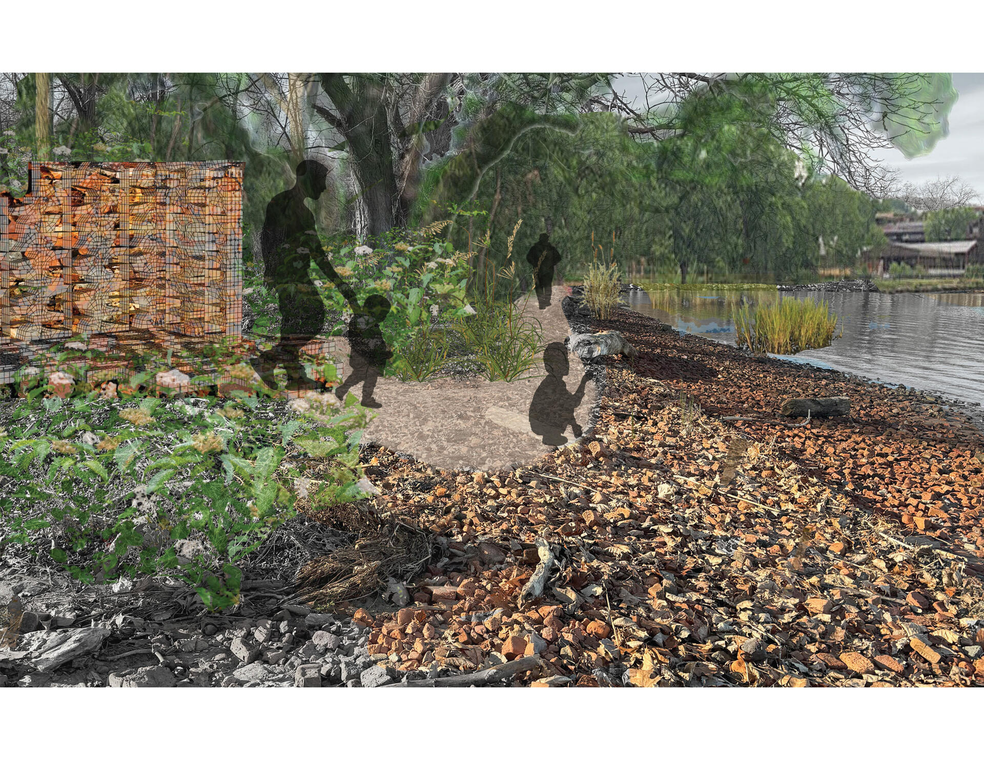 Images is a perspective rendering of the beach, showing the brick rubble cleared to form a path and the modular system existing as a wall and threshold.