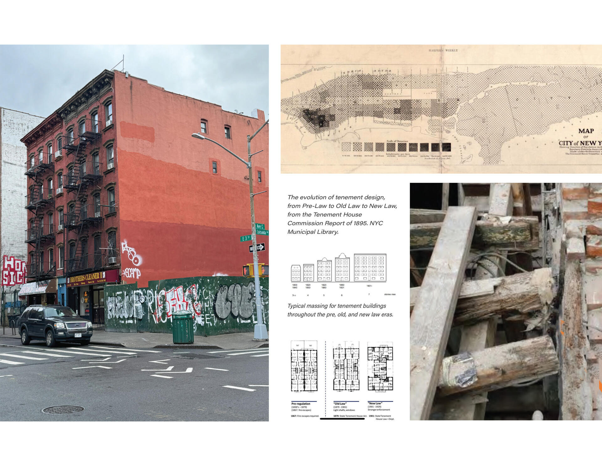 Image shows the typologies of tenement buildings on the Lower East Side and their common structural deficiencies.