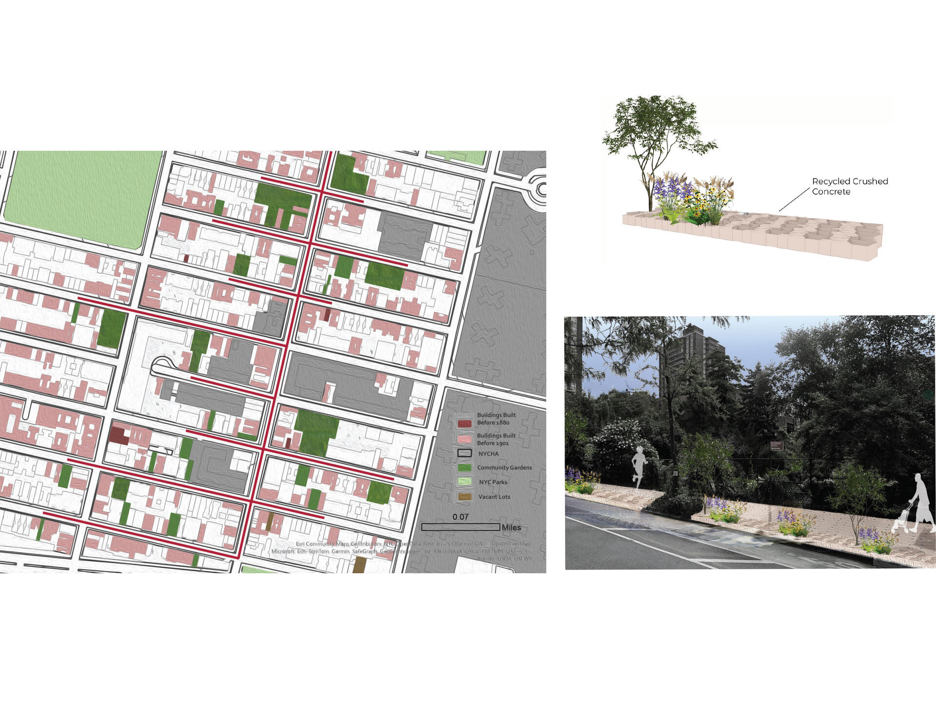 Image shows a plan and rendering of my design for Avenue C.