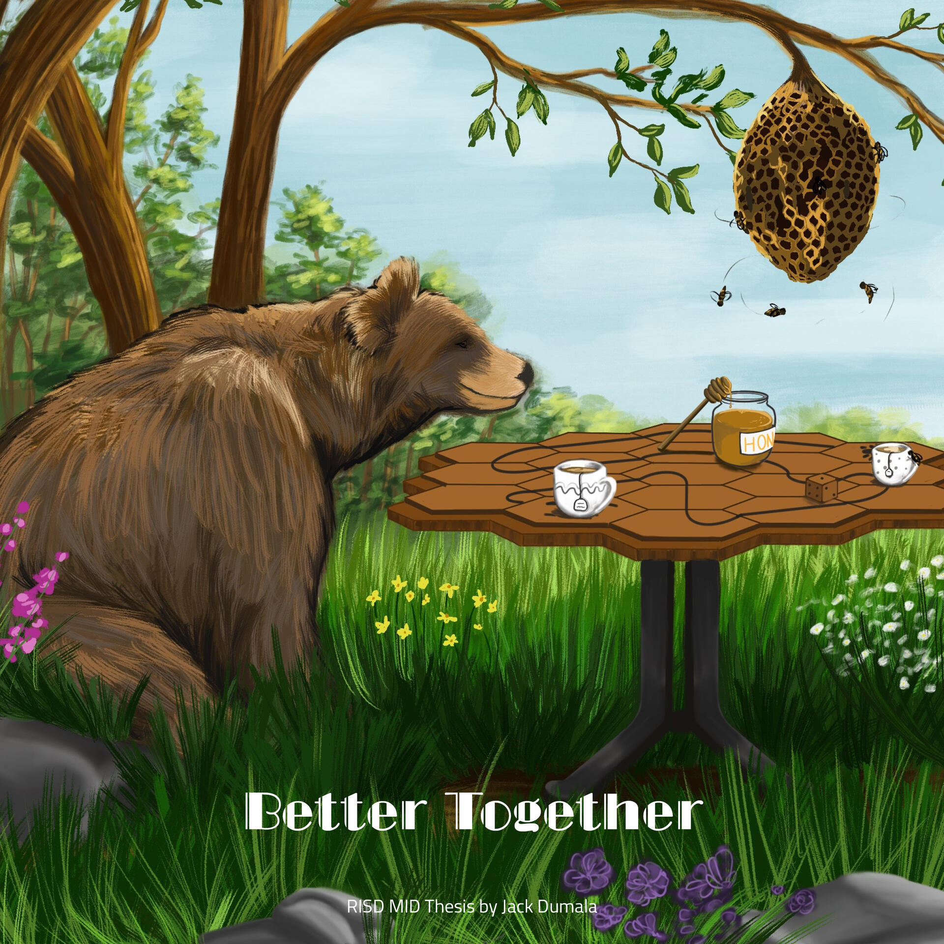 Greenery and Nature, Honeycomb game table, bee hive, brown bear sitting on ground, honey, tea time