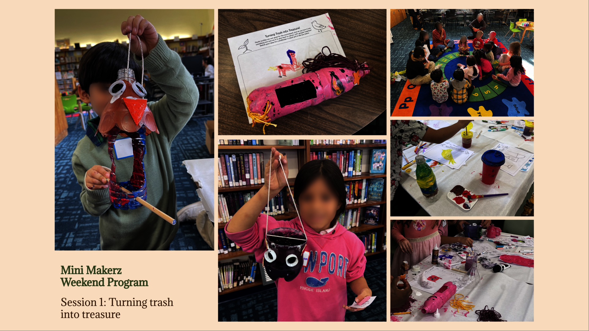 Collage: Students' process and artwork—plant pots and bird feeders crafted from recycled bottles. Students, teachers, and family members gather on colorful carpet for storytelling and discussion.