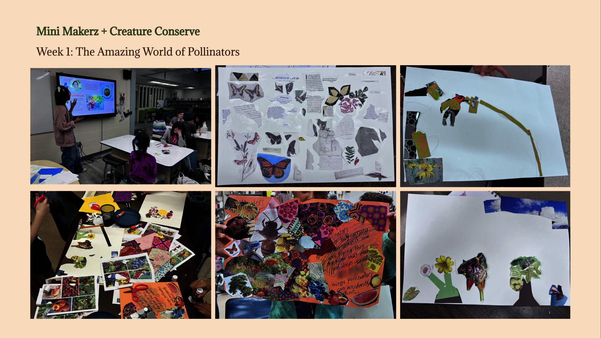 Collage: Teaching artist presenting to seated students filling out worksheets. Student collages about pollinators featuring cut-out images and patterned paper. Process images depicting students actively engaged in art creation.