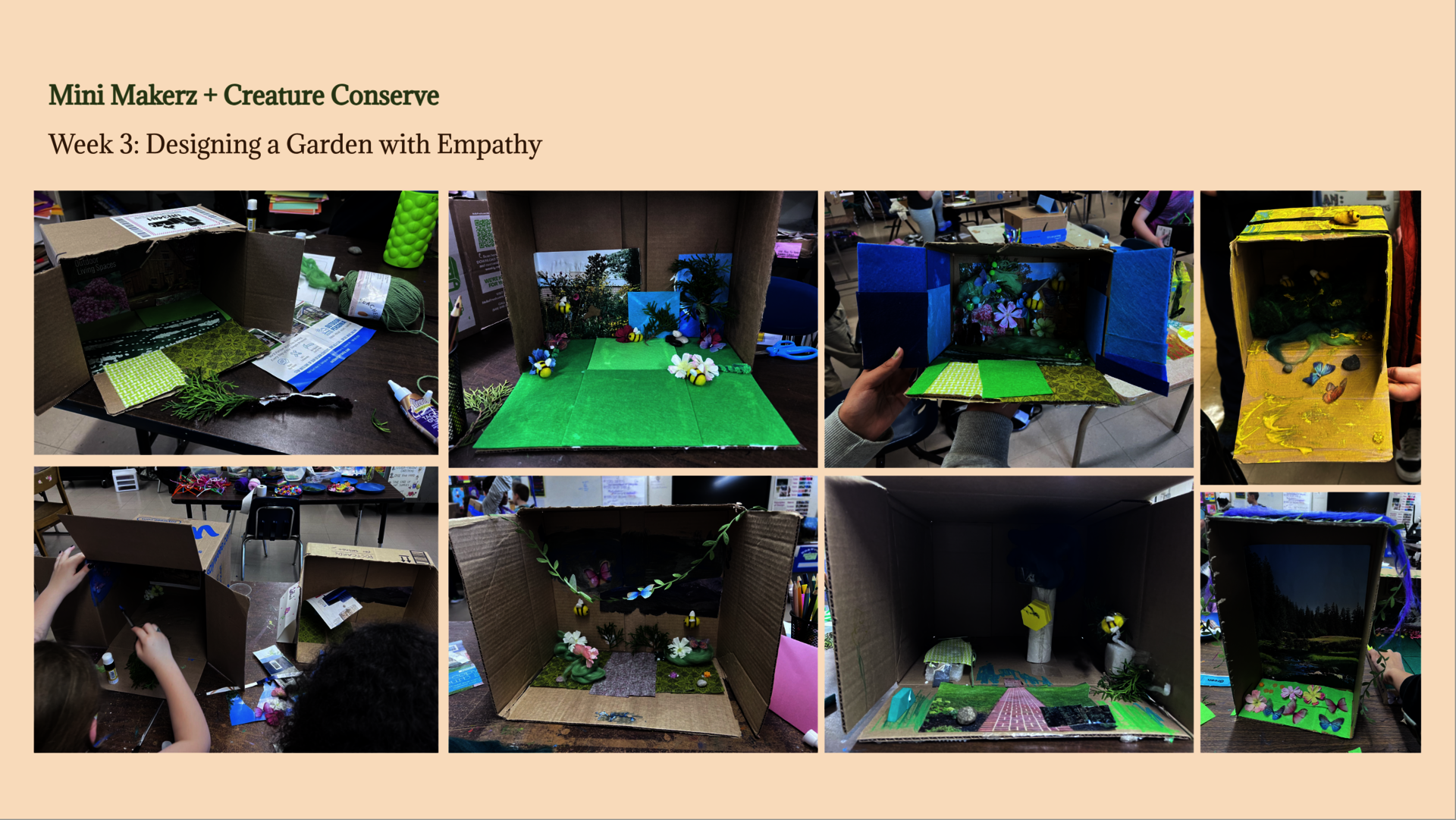 Collage: Student-made 3D dioramas depicting gardens for pollinators using found and reclaimed materials. Additional images show students engaged in the process of crafting their dioramas.