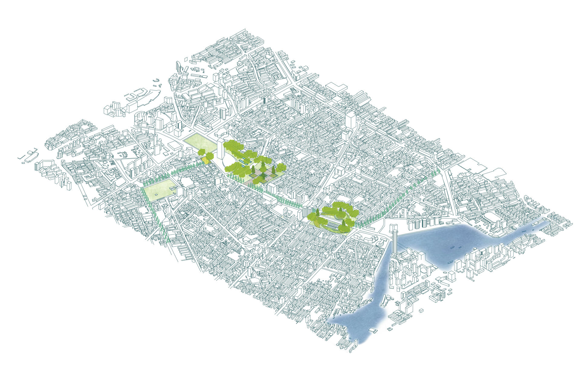 Axonometric drawings to show my design ideas for the city of Shenyang. The "gap‘ that have existed for 130 years are mended with ecological system.