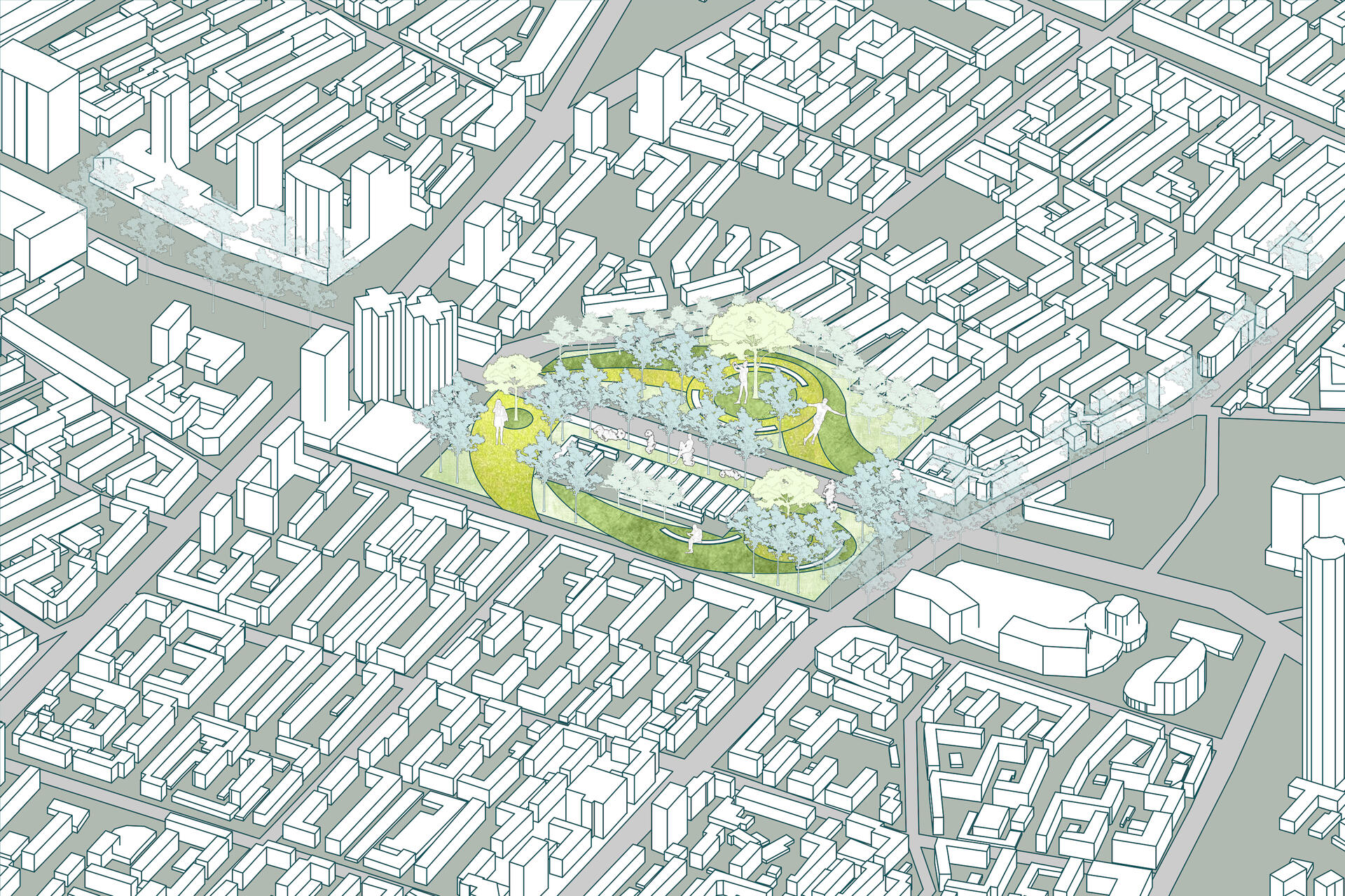 The new park design to direct pedestrian flow toward a system of green ecosystem